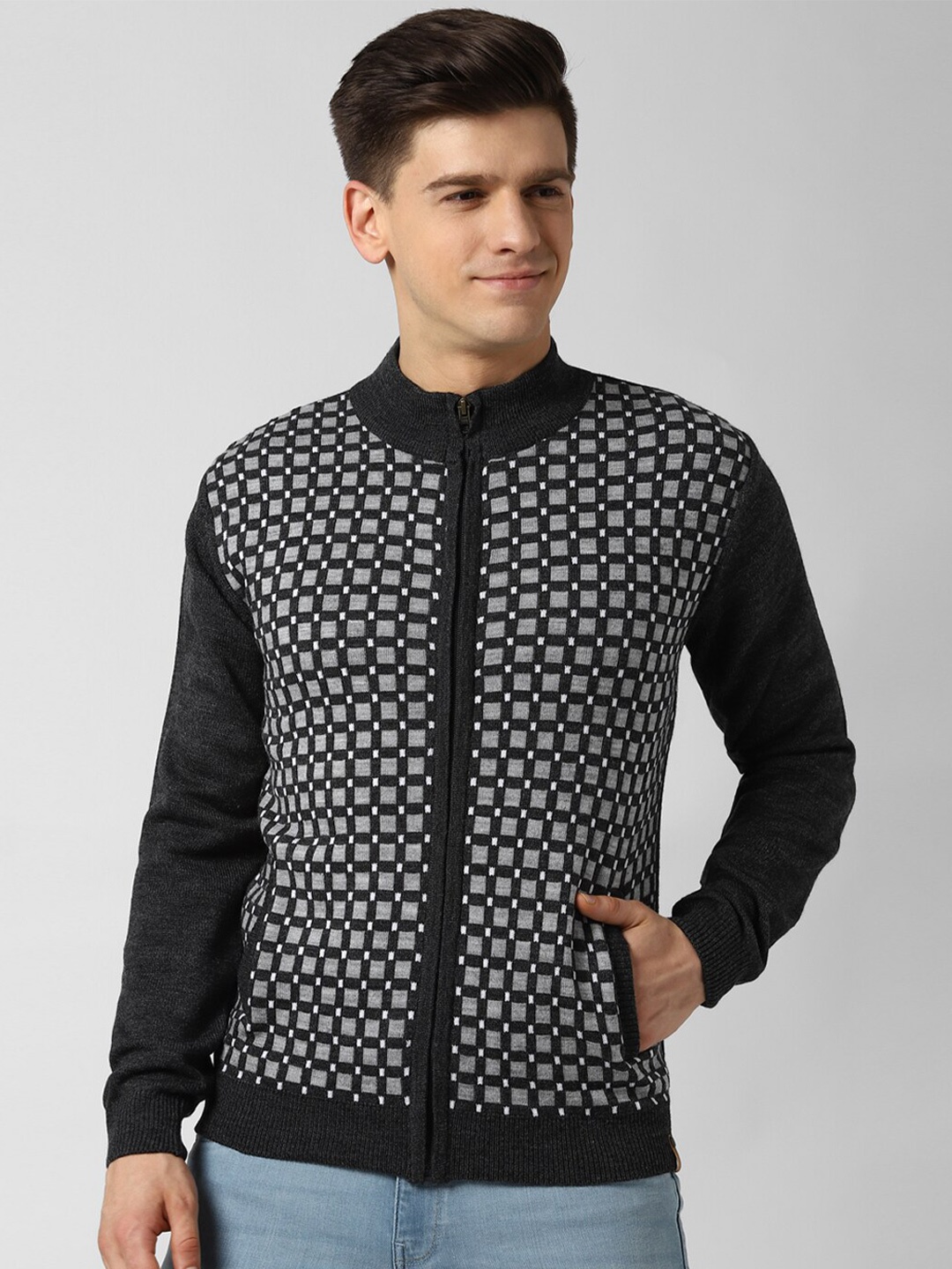 

Peter England Casuals Men Grey Printed Front-Open Sweater