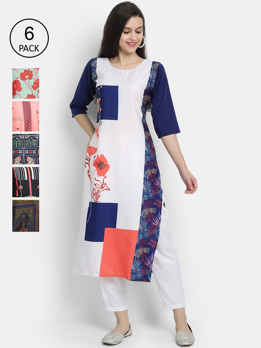 

Ethnic basket Women Pack Of 6 Multicoloured Floral Printed Crepe Kurtas, Multi