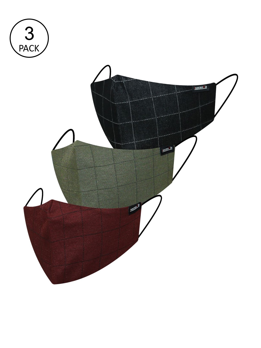 

inocenCia Women Pack of 3 Checked 2-Ply Reusable Outdoor Cloth Masks, Black