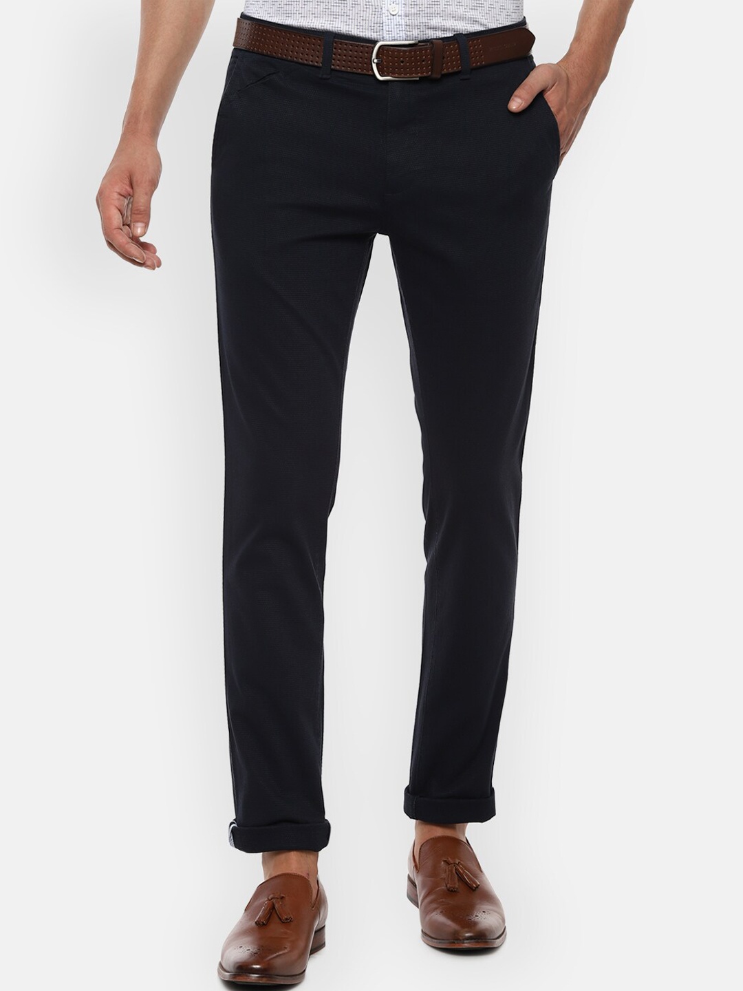 

V Dot Men Navy Blue Textured Slim Fit Regular Trousers