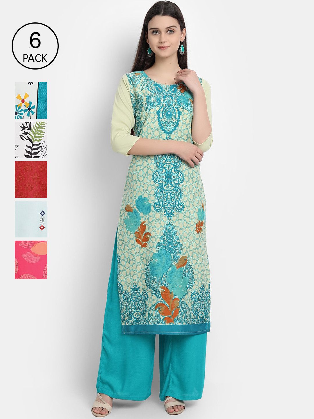 

Ethnic basket Pack of 6 Women Multicoloured Ethnic Motifs Printed Crepe Kurta, Multi