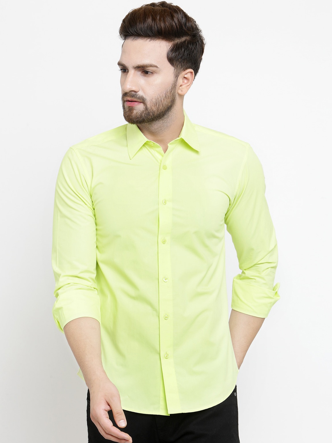 

Purple State Men Lime Green Cotton Slim Fit Solid Casual Shirt