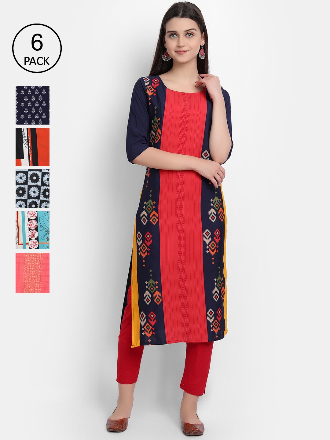 

Ethnic basket Women Pack Of 6 Ethnic Motifs Printed Crepe Kurta, Multi