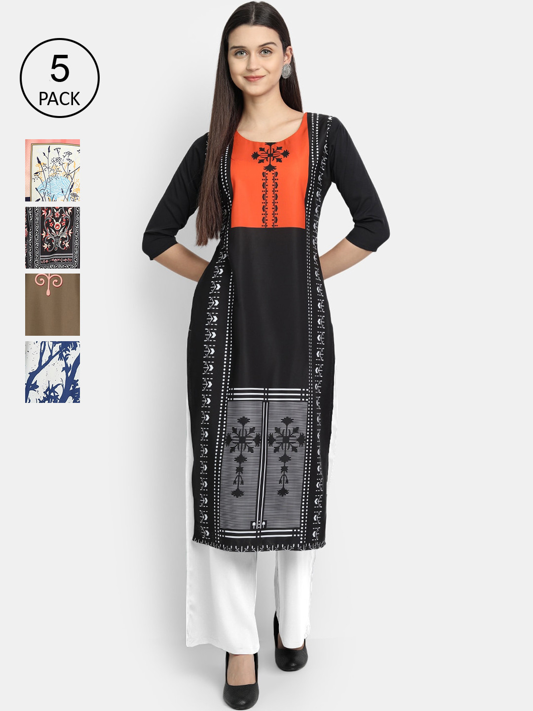 

Ethnic basket Women Pack Of 5 Ethnic Motifs Printed Crepe Kurta, Multi