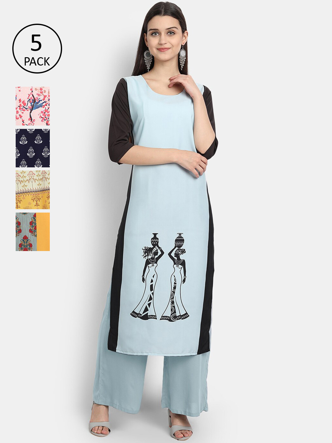 

Ethnic basket Women Pack Of 5 Printed Crepe Kurta, Blue