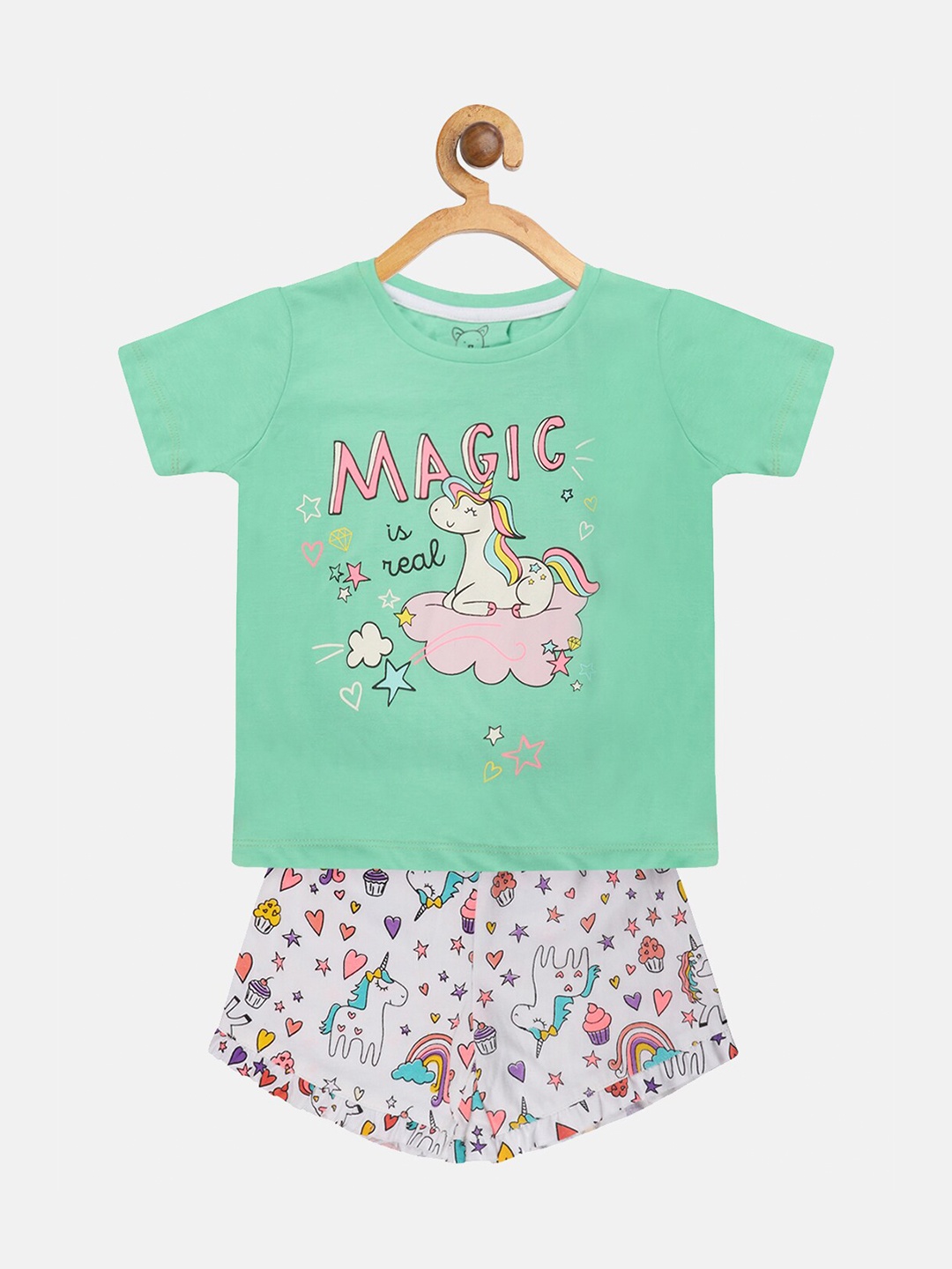 

Lazy Shark Girls Green & White Printed T-shirt with Shorts
