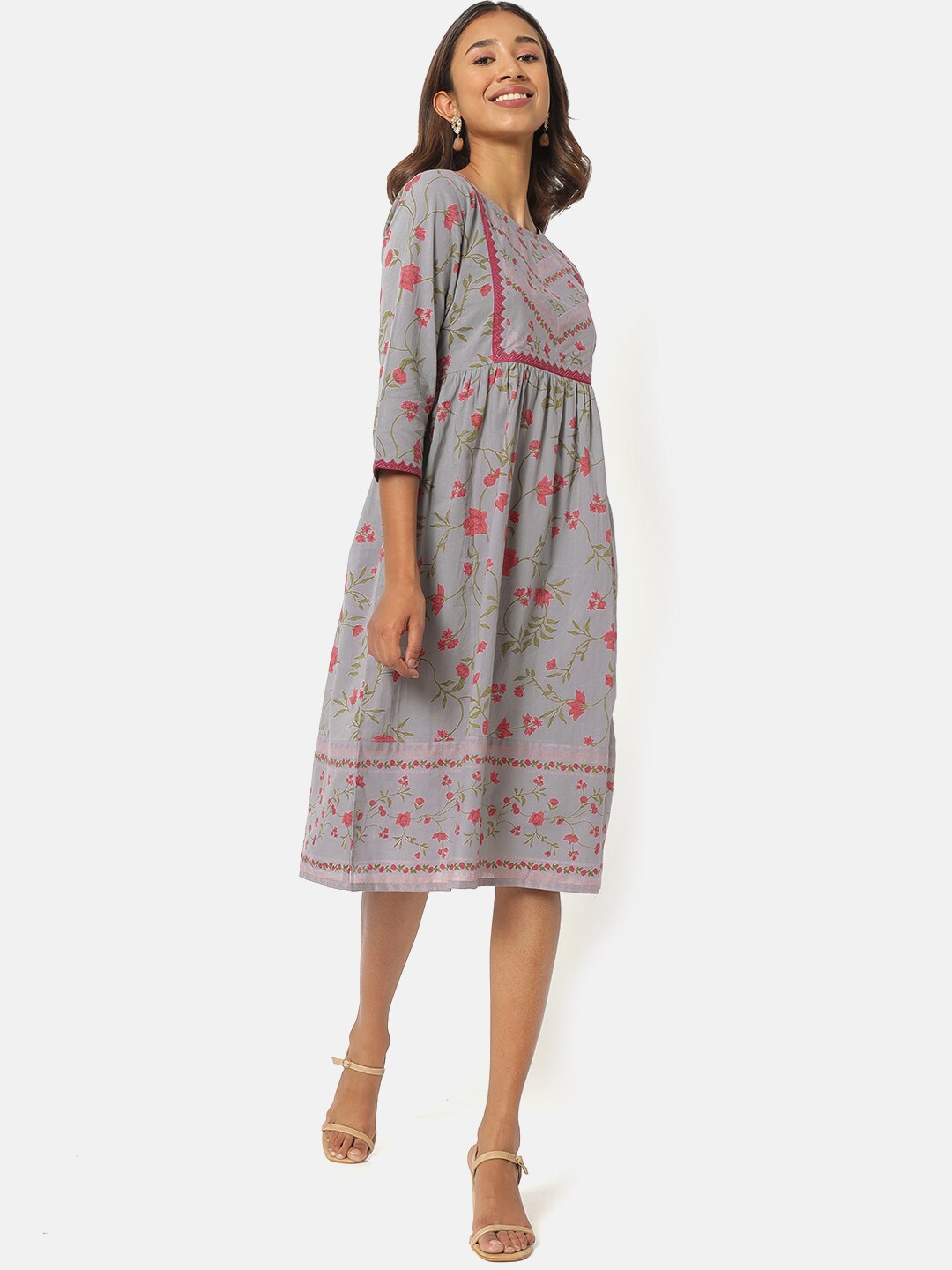 

Saaki Grey & Pink Floral A-Line Dress