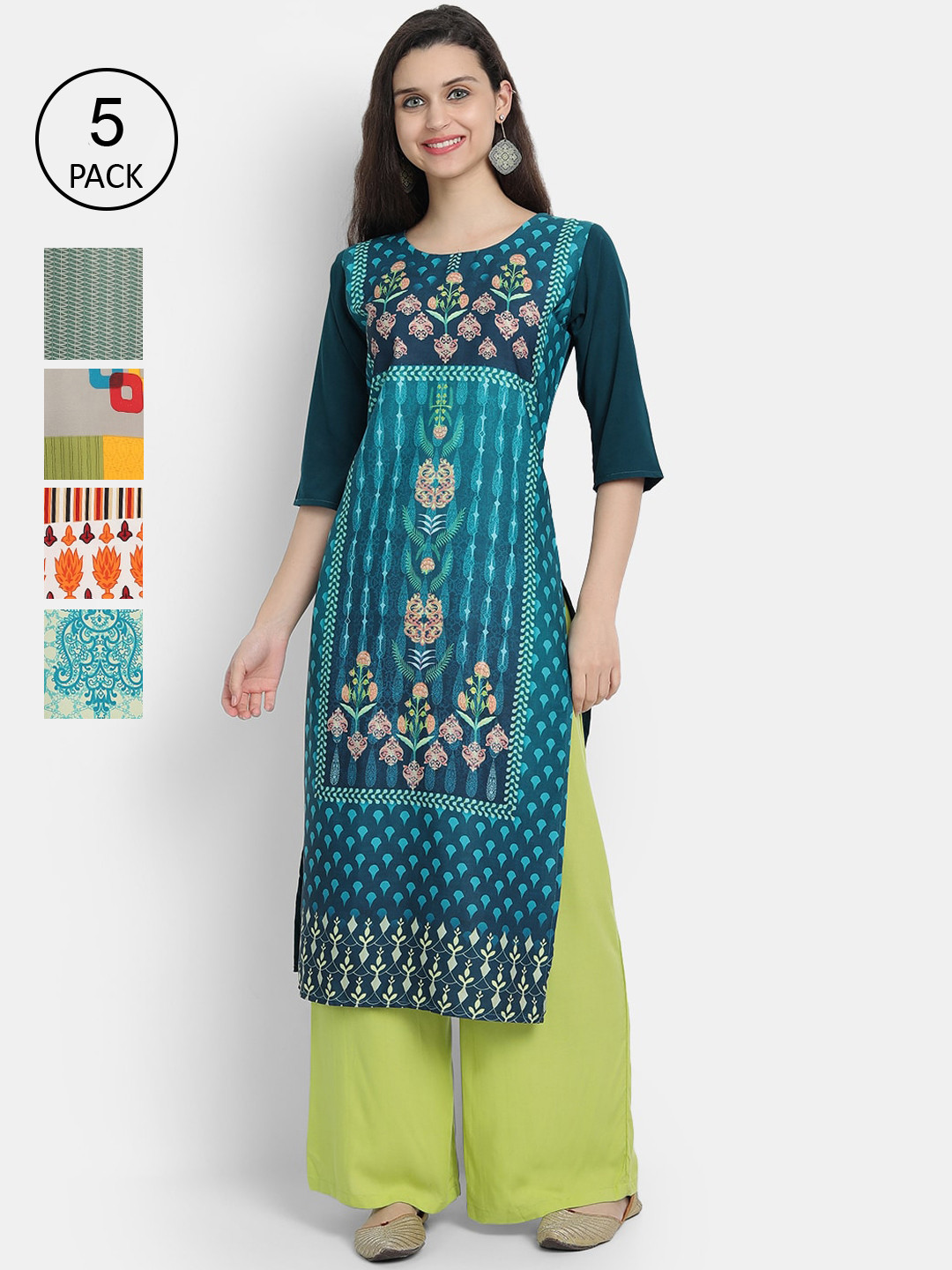 

Ethnic basket Women Pack of 5 Ethnic Motifs Printed Crepe Kurta, Blue