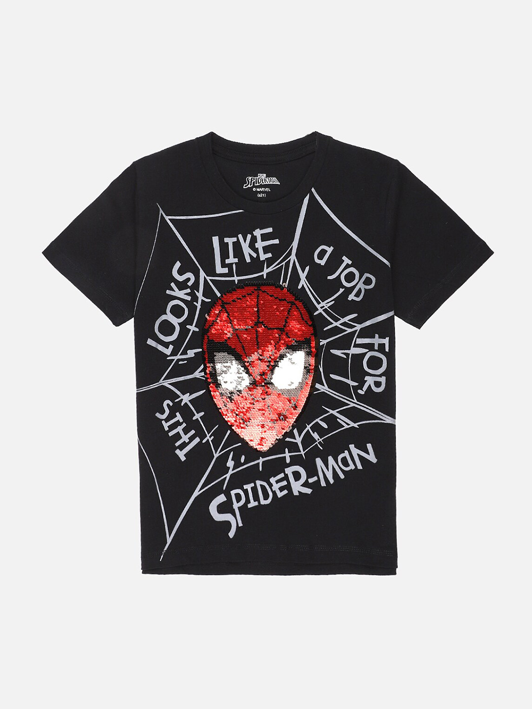 

Kids Ville Boys Black & White Spiderman Print Sequinned Cotton T-shirt