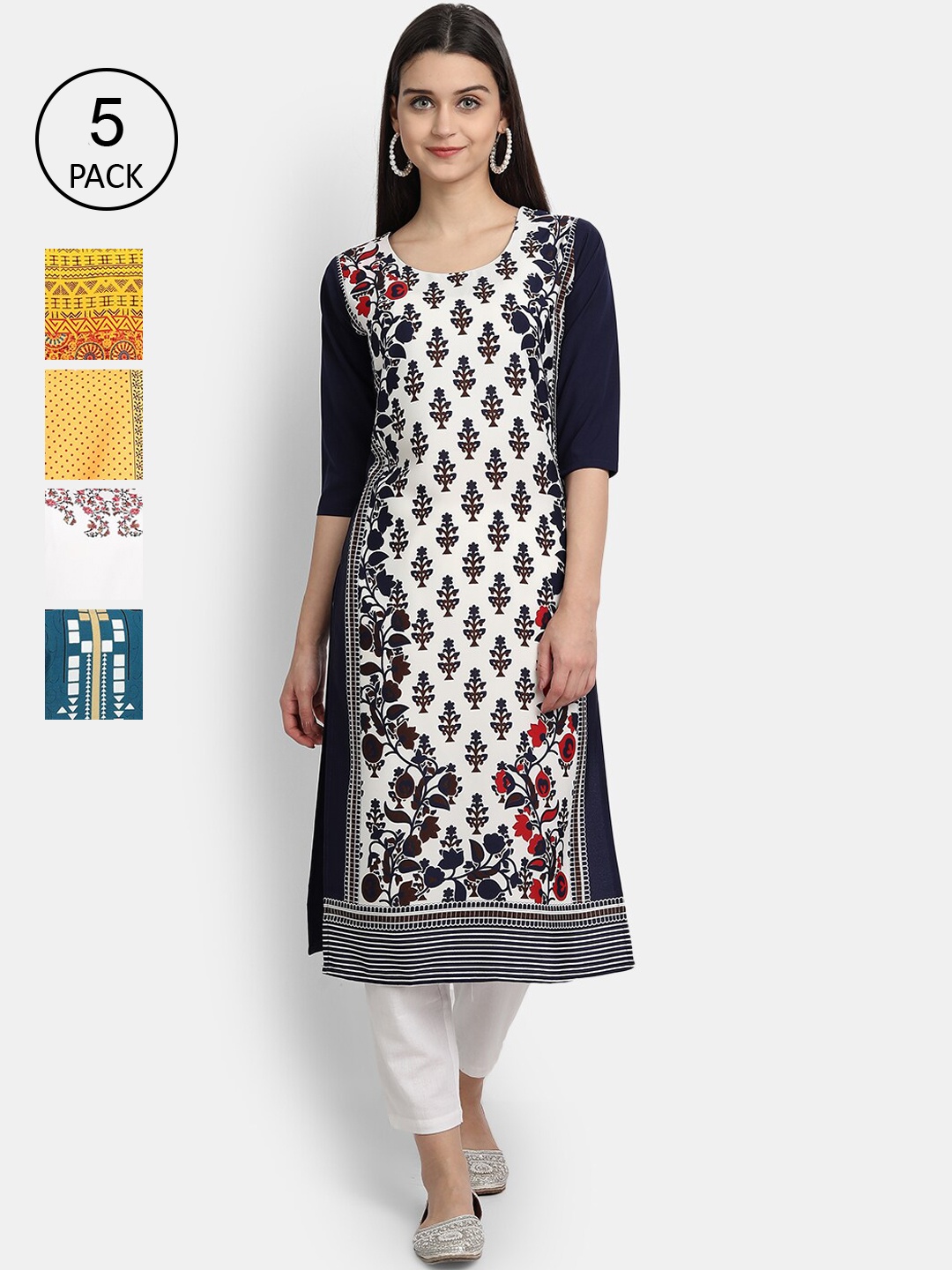 

Ethnic basket Pack of 5 Women Multicoloured Ethnic Motifs Printed Crepe Kurta, Multi