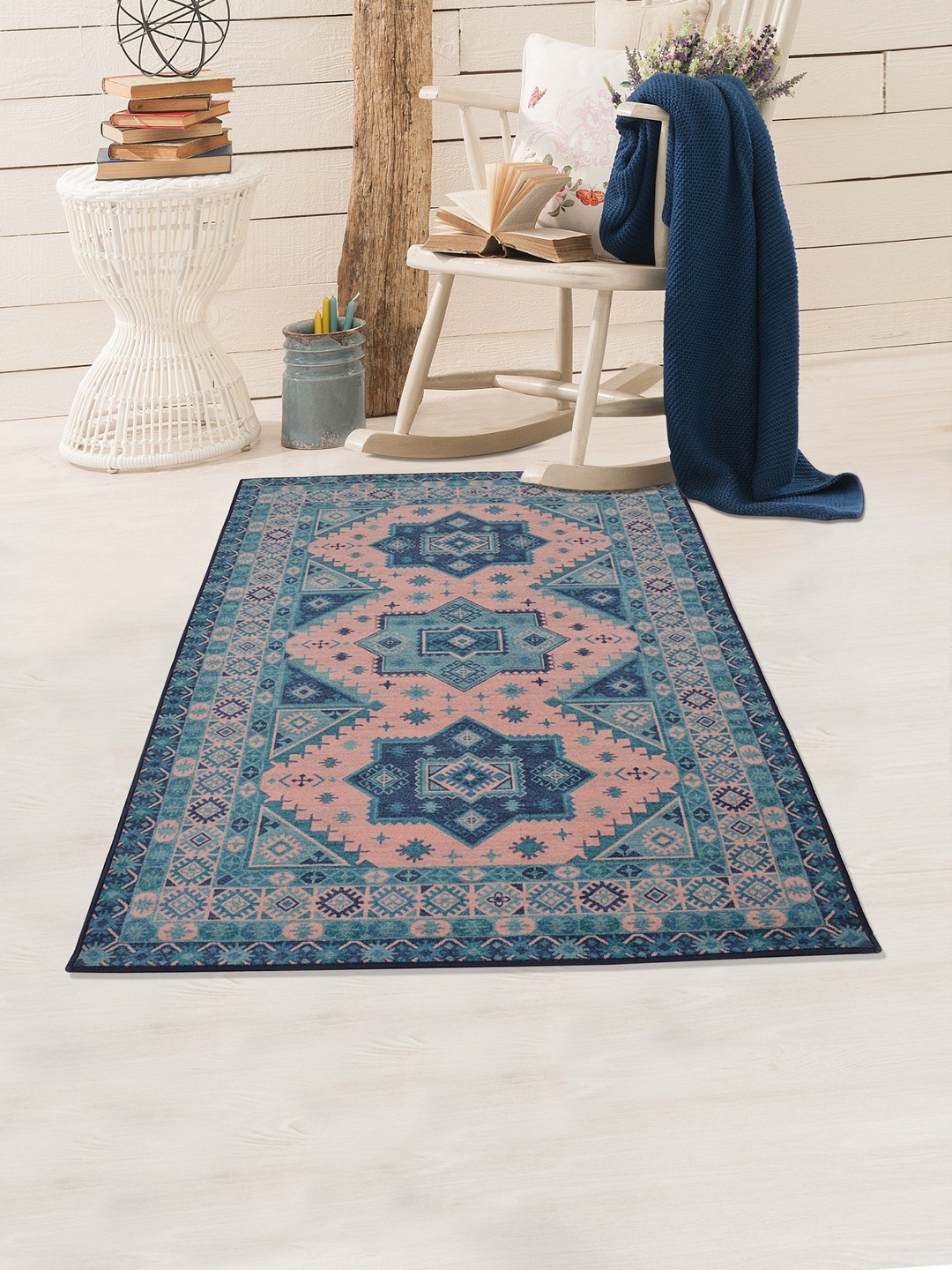 

RUGSMITH Teal Blue & Pink Traditional Pattern Anti-Skid Carpet