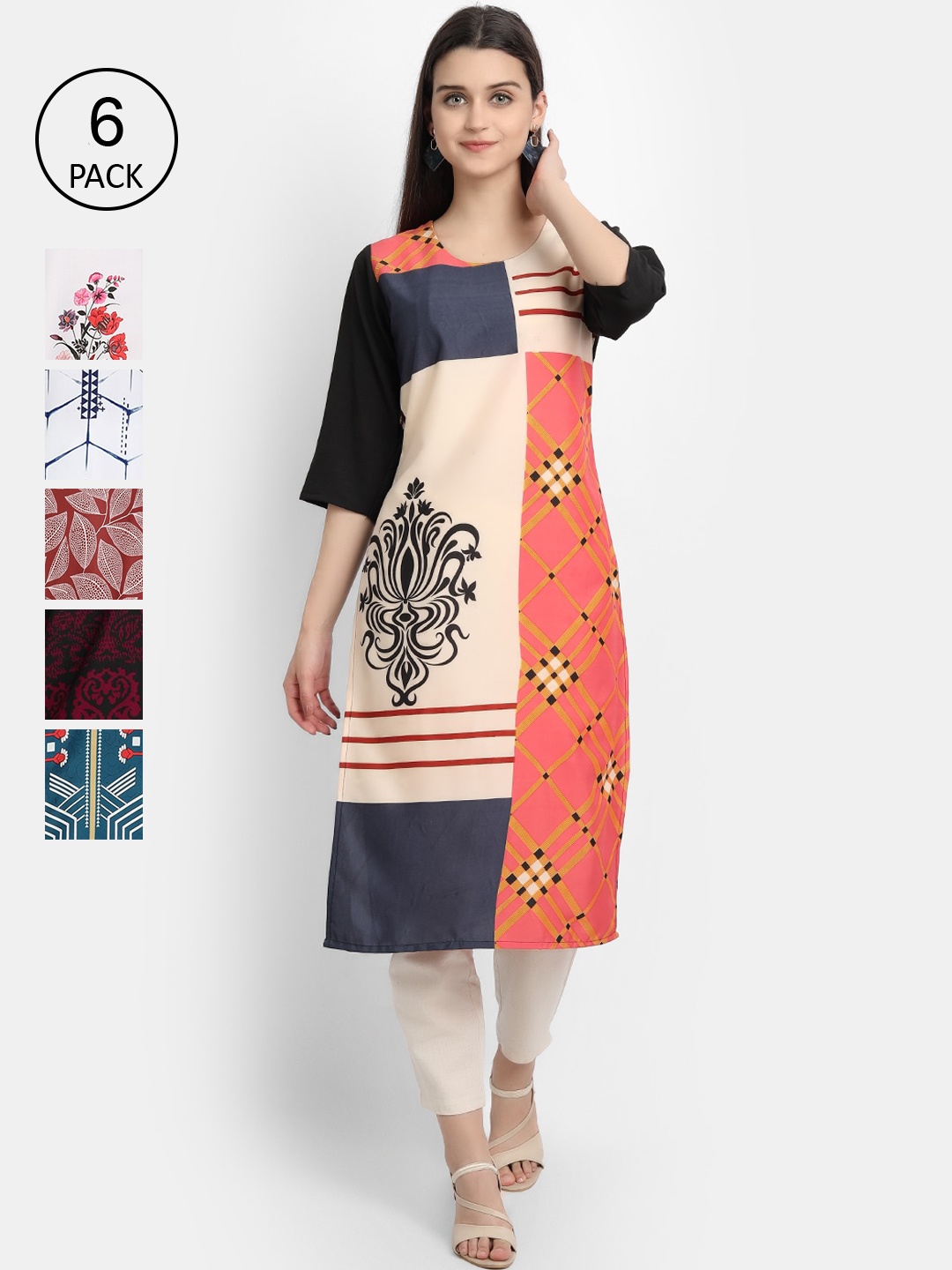

Ethnic basket Women Pack Of 6 Multicoloured Geometric Printed Crepe Kurtas, Multi