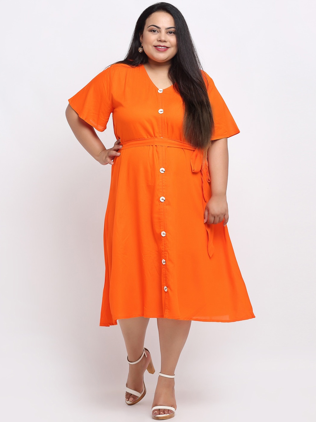 

sindrellastorie Women Plus Size Orange Solid A-Line Midi Dress with Belt