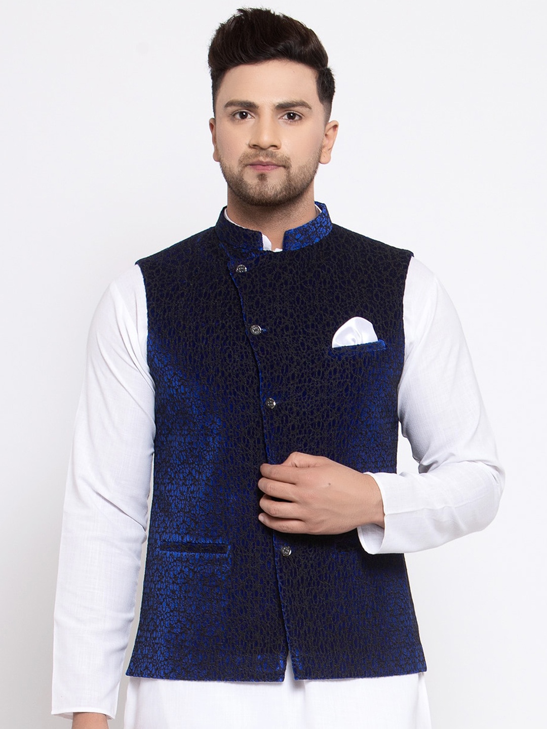 

MAXENCE Men Navy Blue & Black Printed Woven Slim-Fit Nehru Jacket