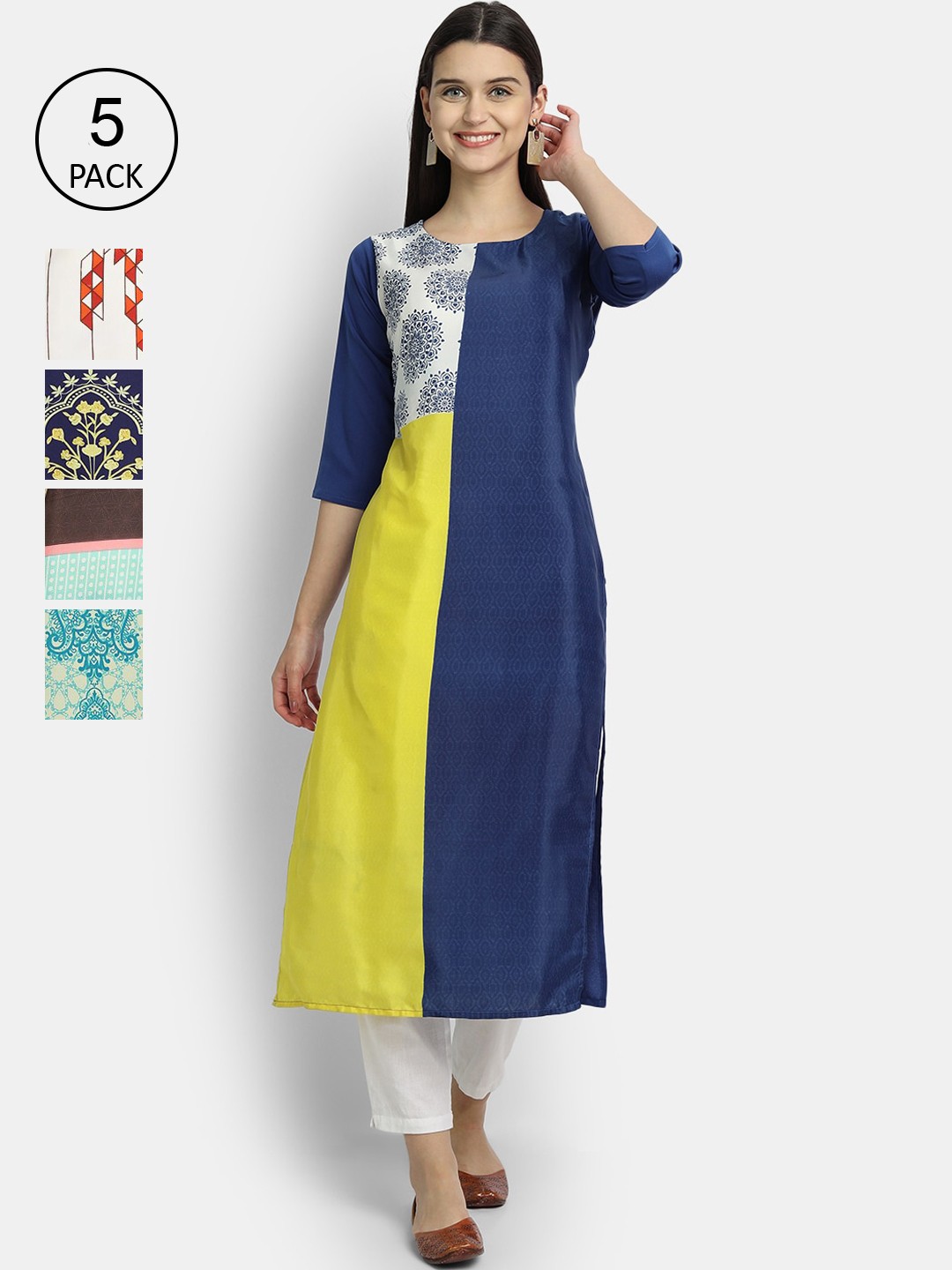 

Ethnic basket Women Pack Of 5 Printed Crepe Kurta, Blue