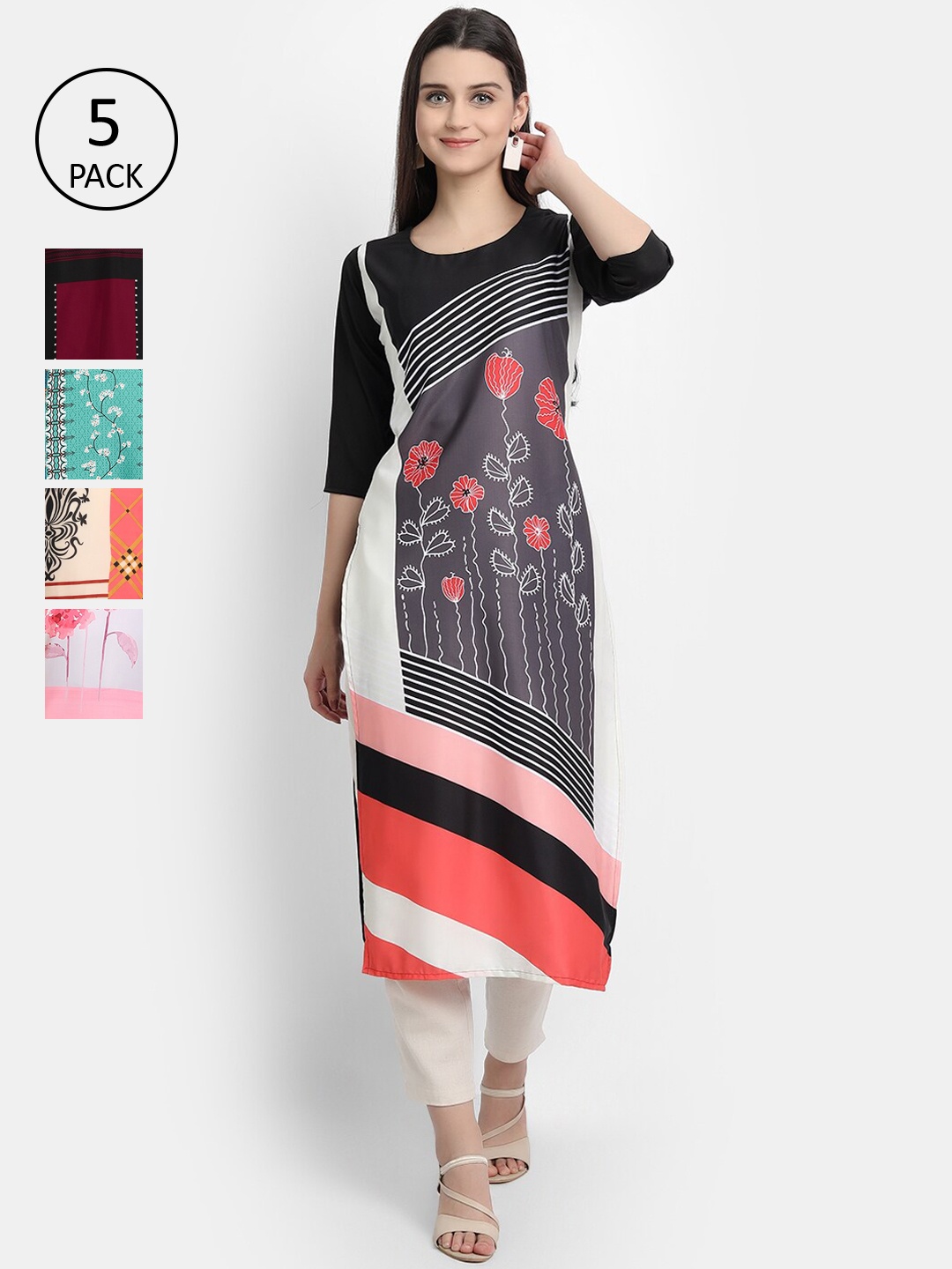 

Ethnic basket Women Pack Of 5 Ethnic Motifs Printed Crepe Kurta, Multi