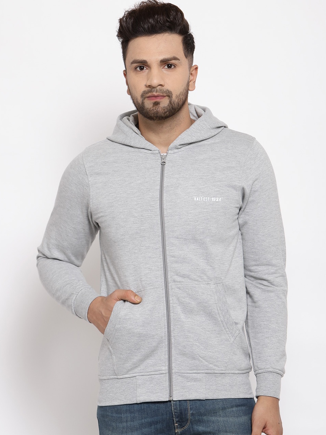 

Kalt Men Grey Melange Hooded Sweatshirt