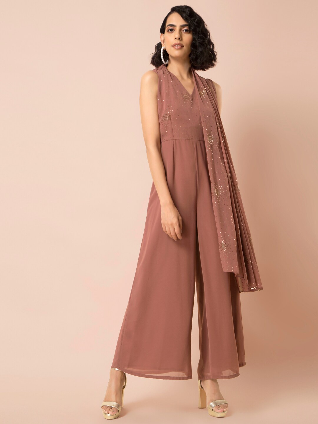 

INDYA Women Pink & Gold-Toned Foil Side Stole Jumpsuit