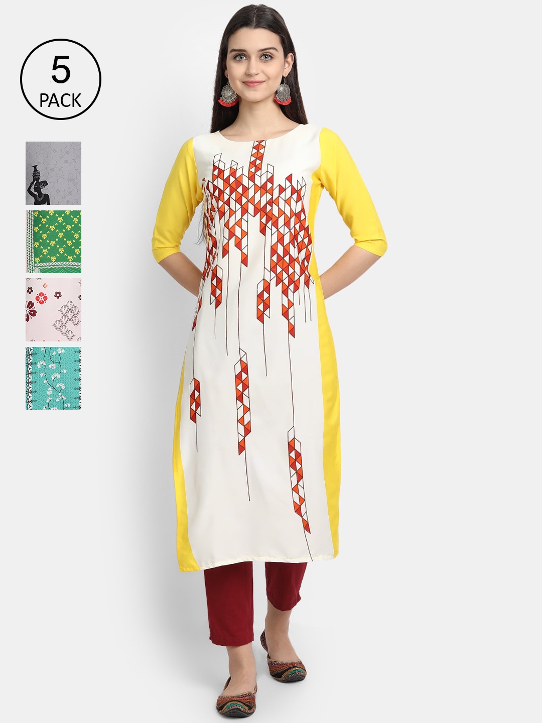 

Ethnic basket Women Pack of 5 Geometric Printed Crepe Kurta, Yellow