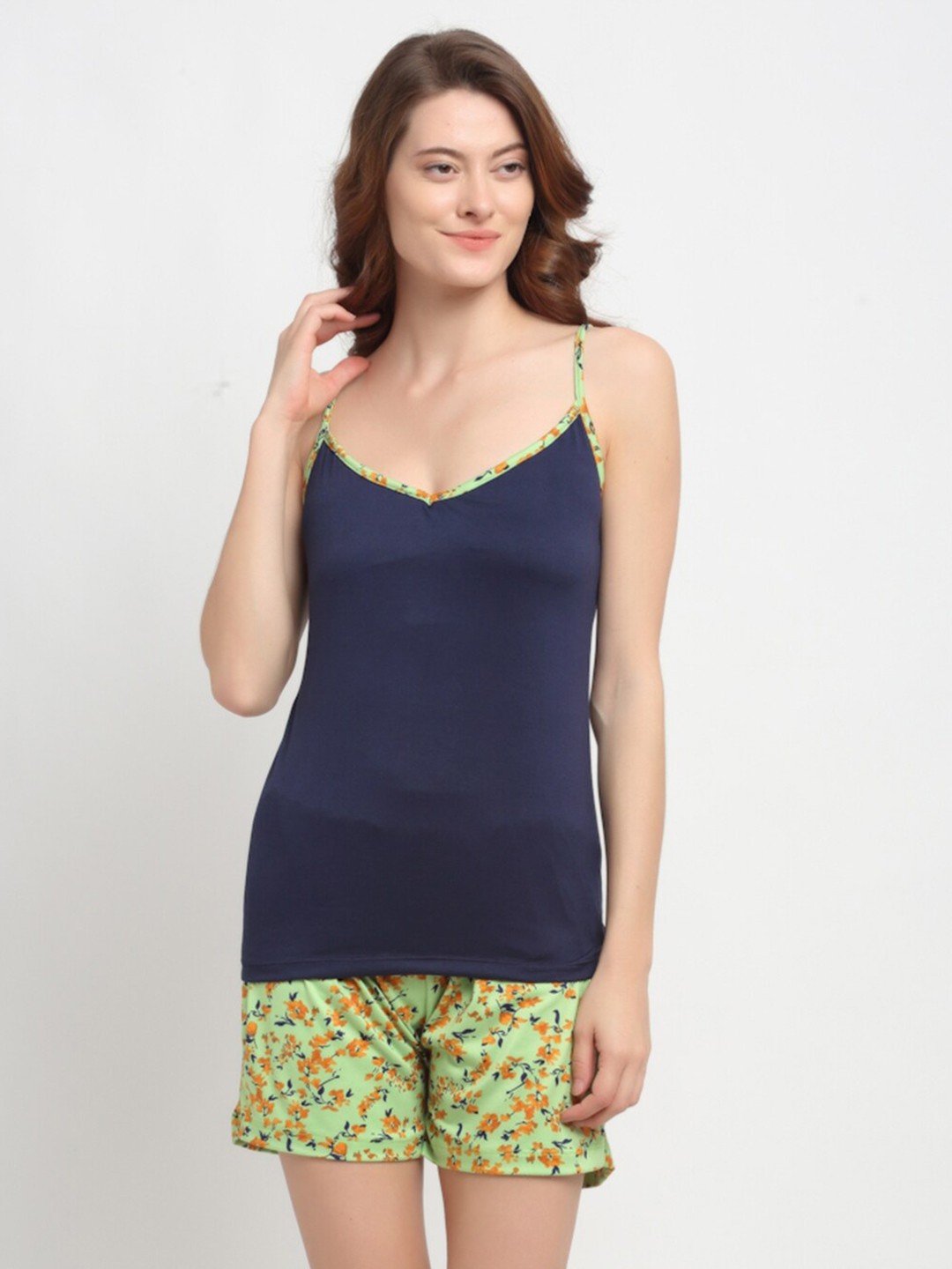 

NEUDIS Women Navy Blue & Green Solid Night suit