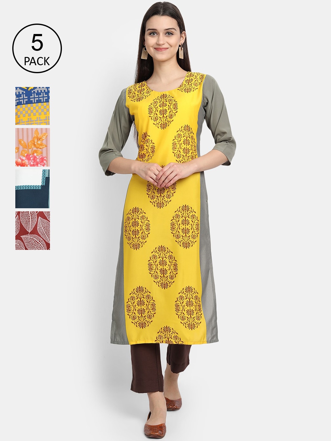 

Ethnic basket Pack of 5 Women Multicoloured Ethnic Motifs Printed Crepe Kurta, Multi