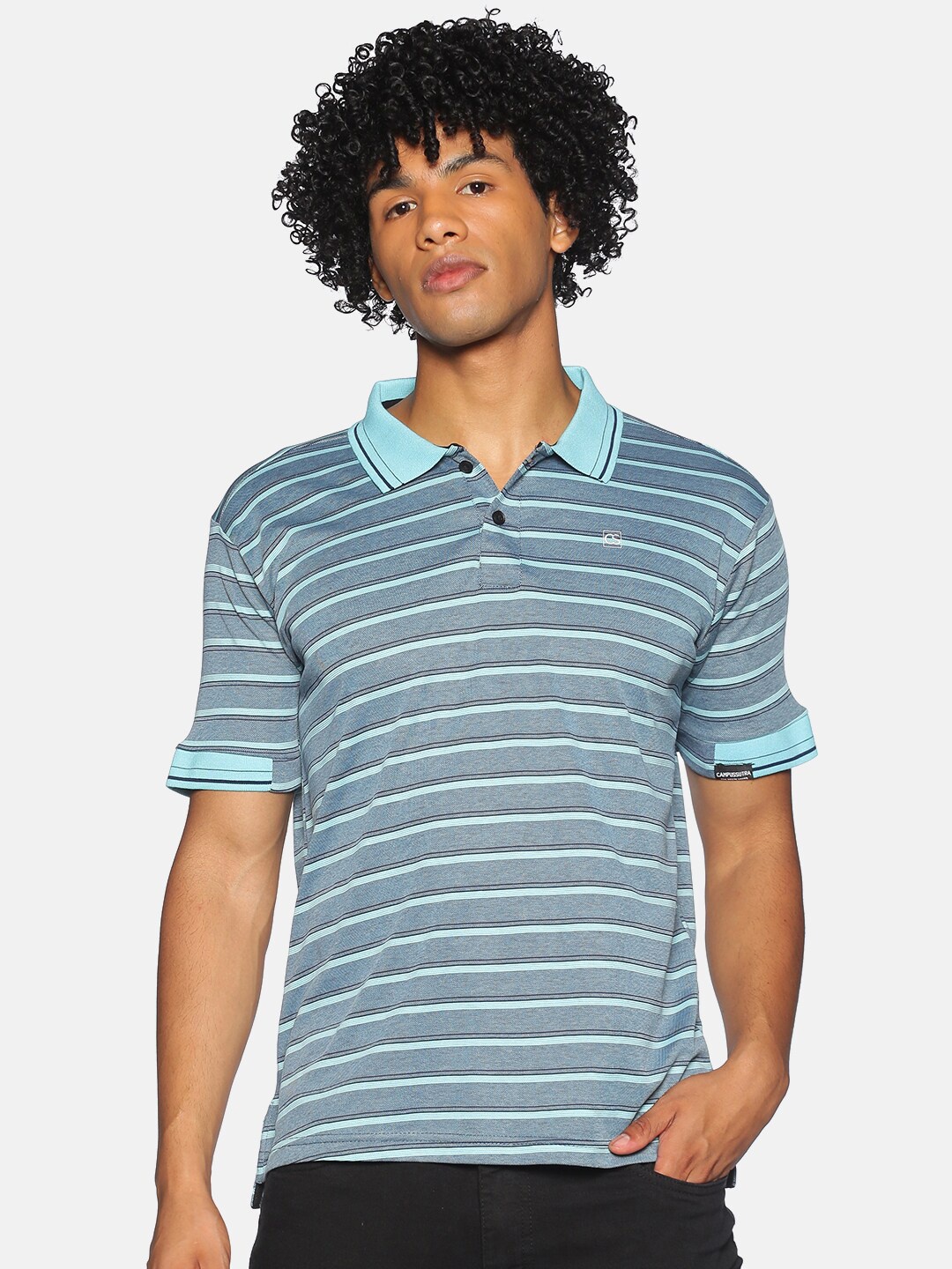 

Campus Sutra Men Blue & Black Striped Cotton Polo Collar T-shirt