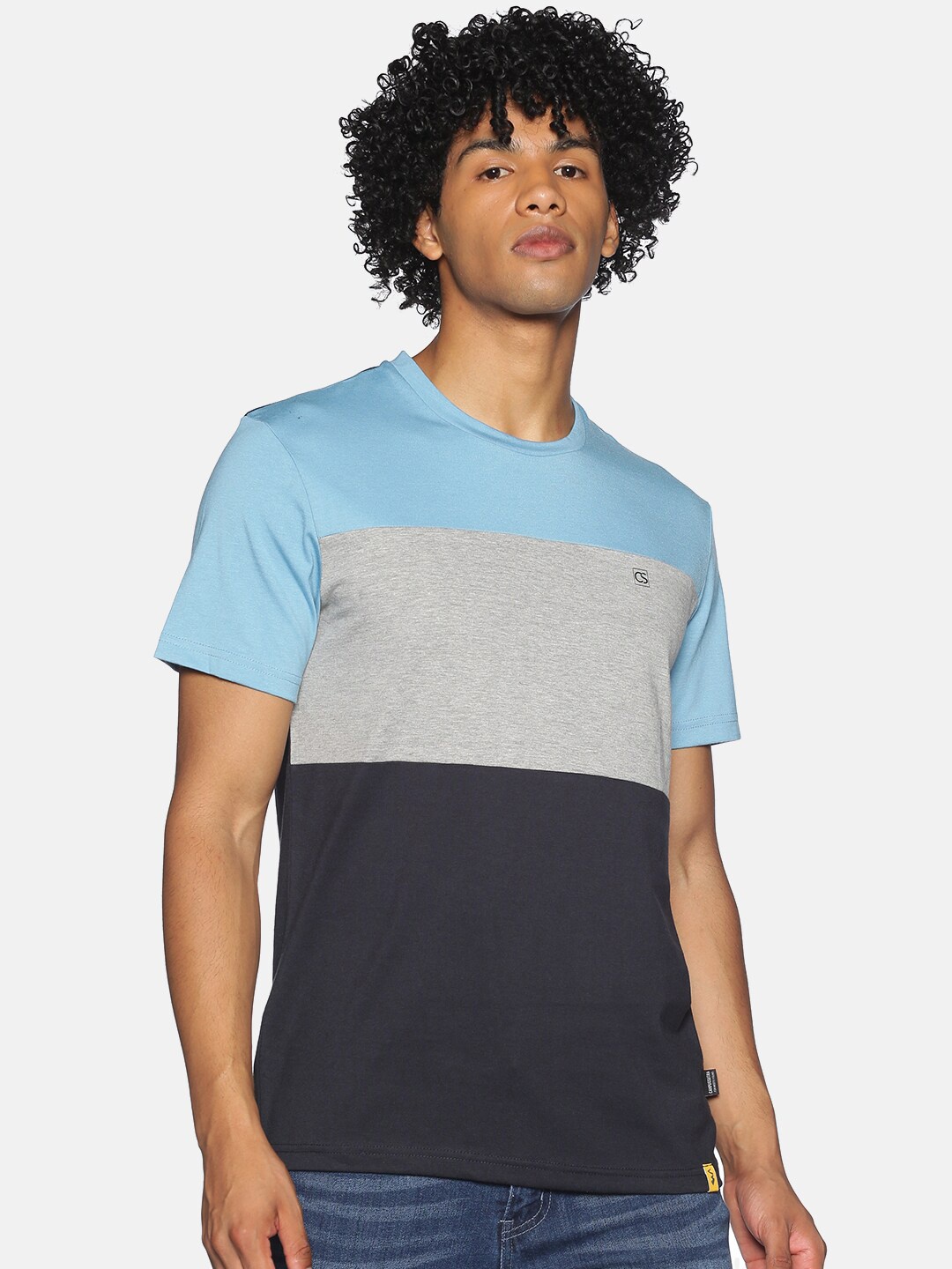 

Campus Sutra Men Blue & Grey Melange Colourblocked Cotton Round Neck T-shirt