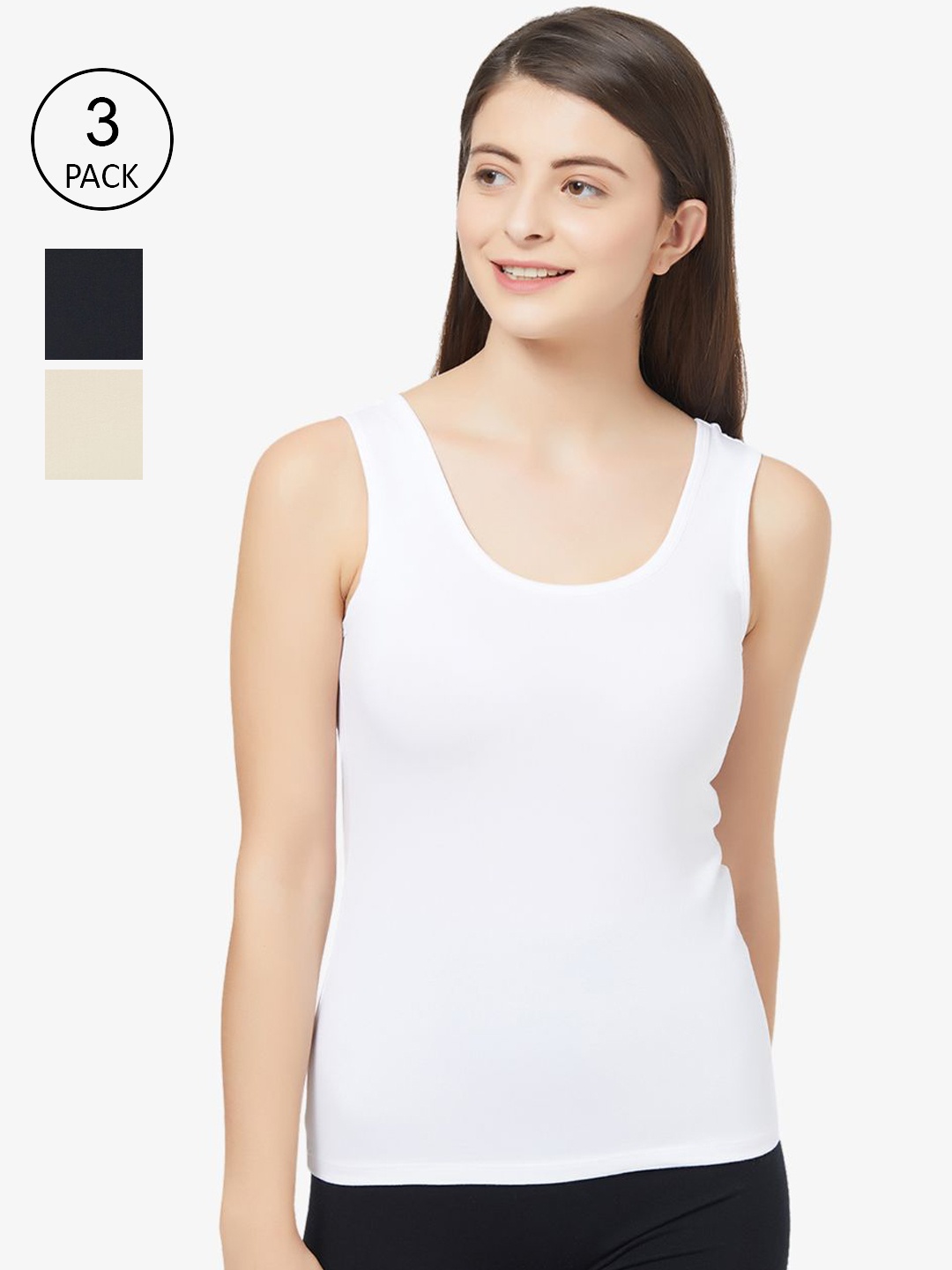 

Soie Women Pack of 3 Solid Camisoles, White