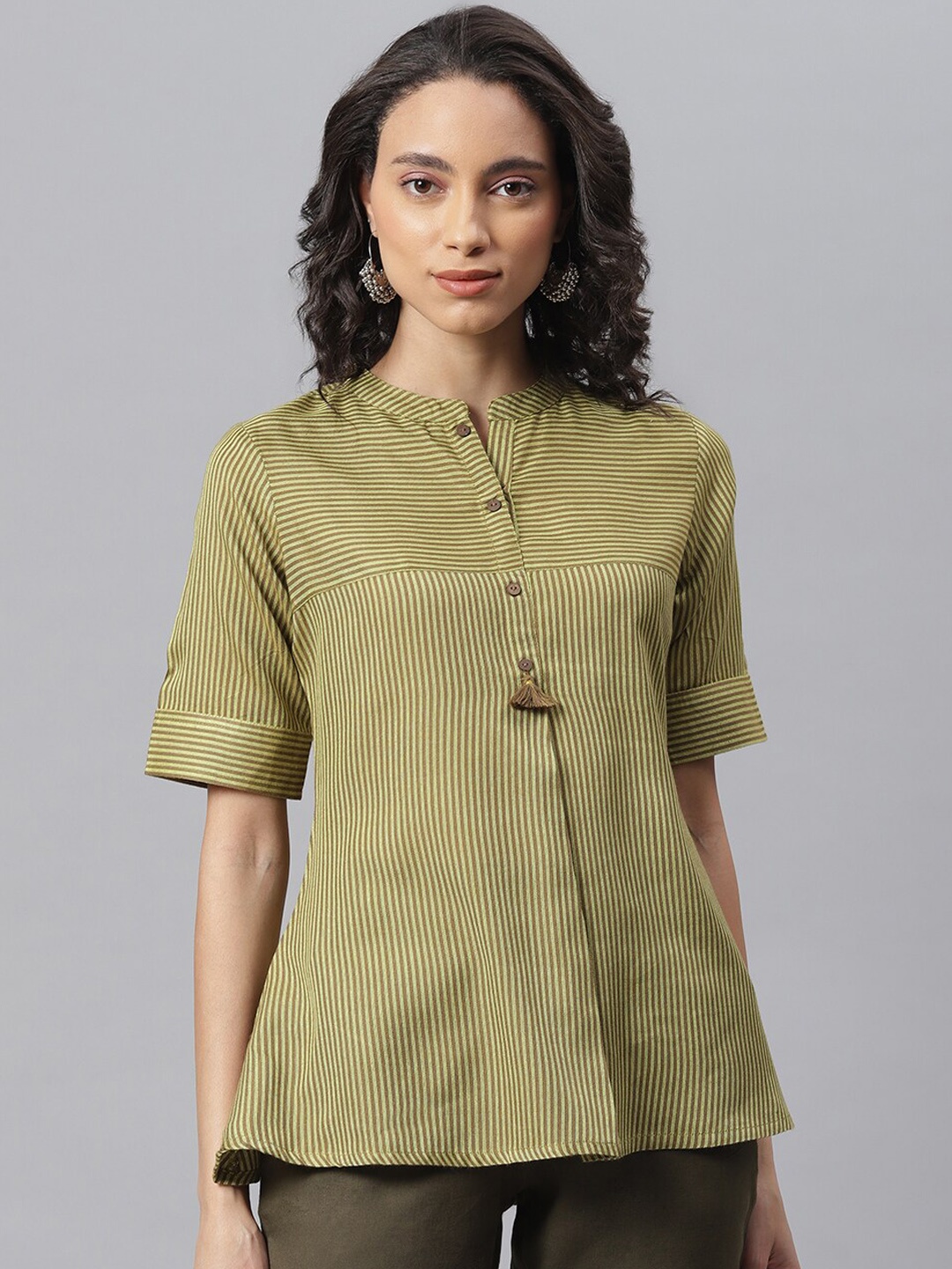 

Janasya Olive Green Striped Mandarin Collar A-Line Top