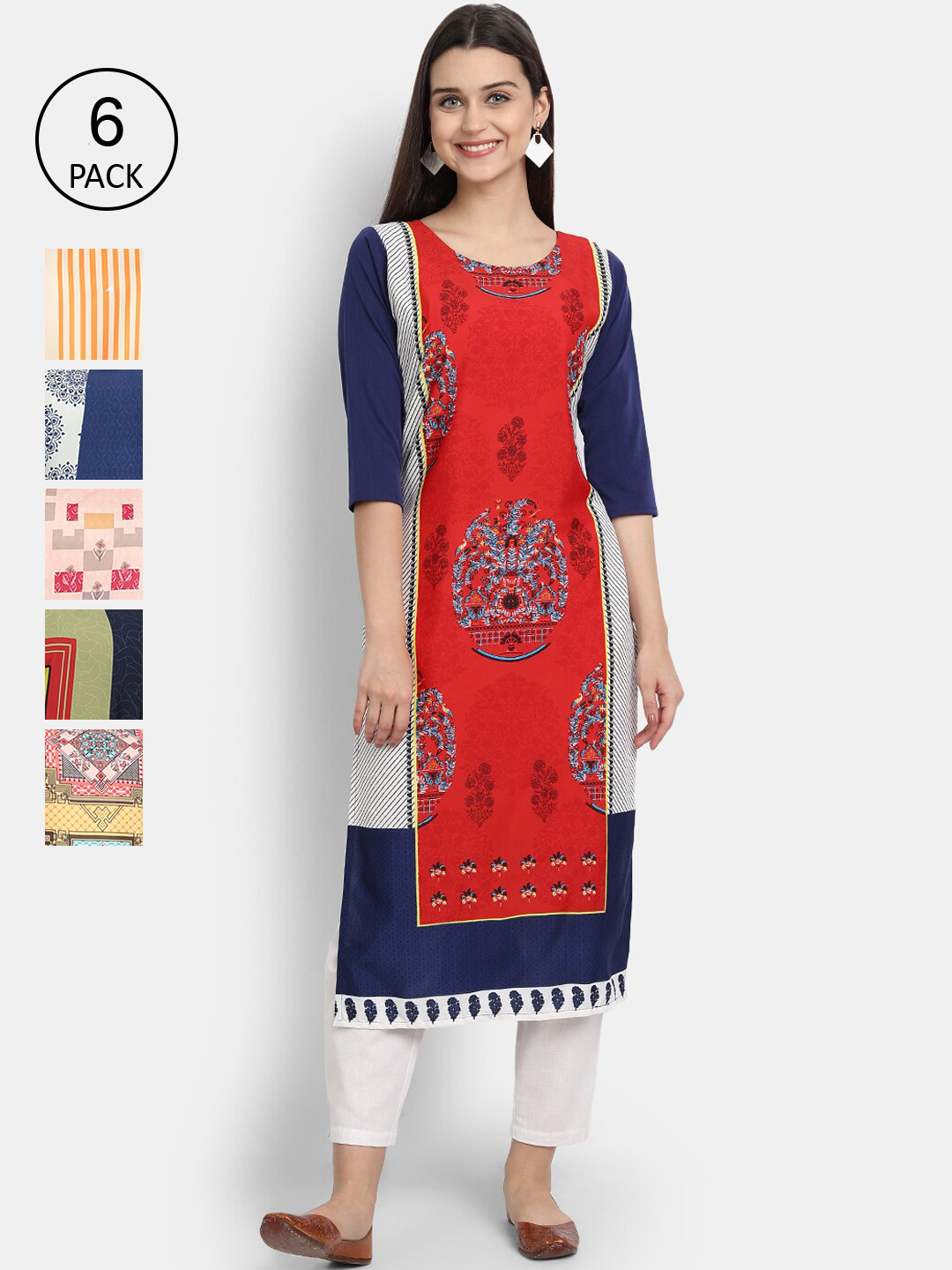 

Ethnic basket Pack of 6 Women Multicoloured Ethnic Motifs Printed Crepe Kurta, Multi