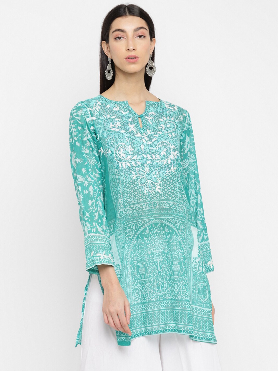 

Aditi Wasan Sea Green & White Hand Embroidered Cotton Tunic