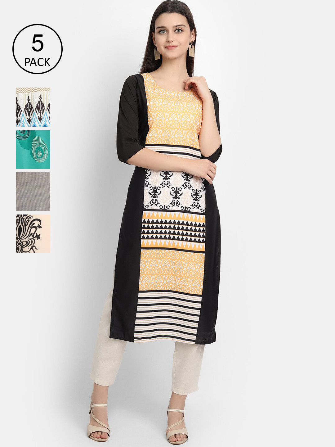 

Ethnic basket Women Pack of 5 Ethnic Motifs Printed Crepe Kurta, Black