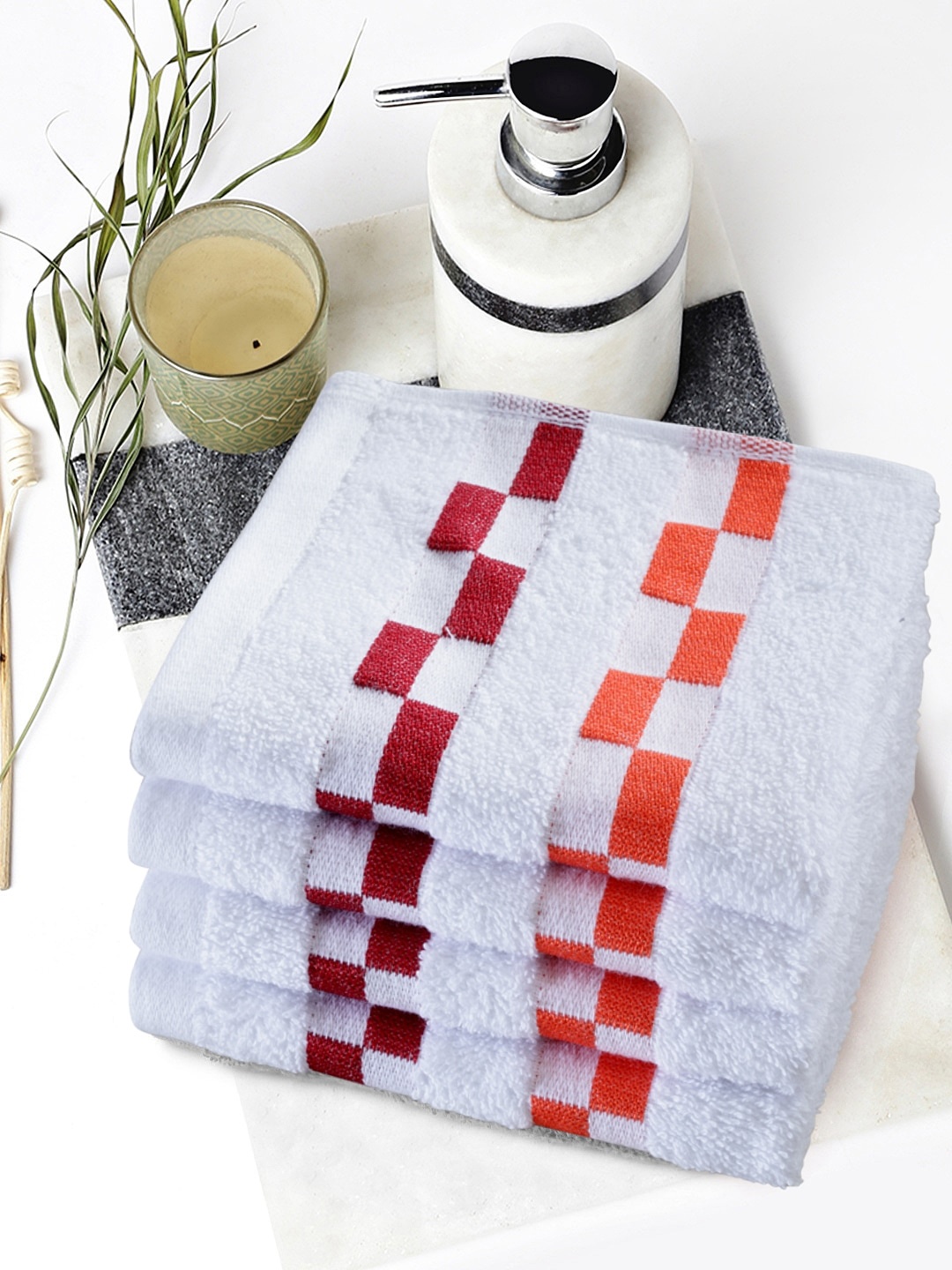 

BIANCA Set Of 4 White Self Design 450 GSM Pure Cotton Hand Towels