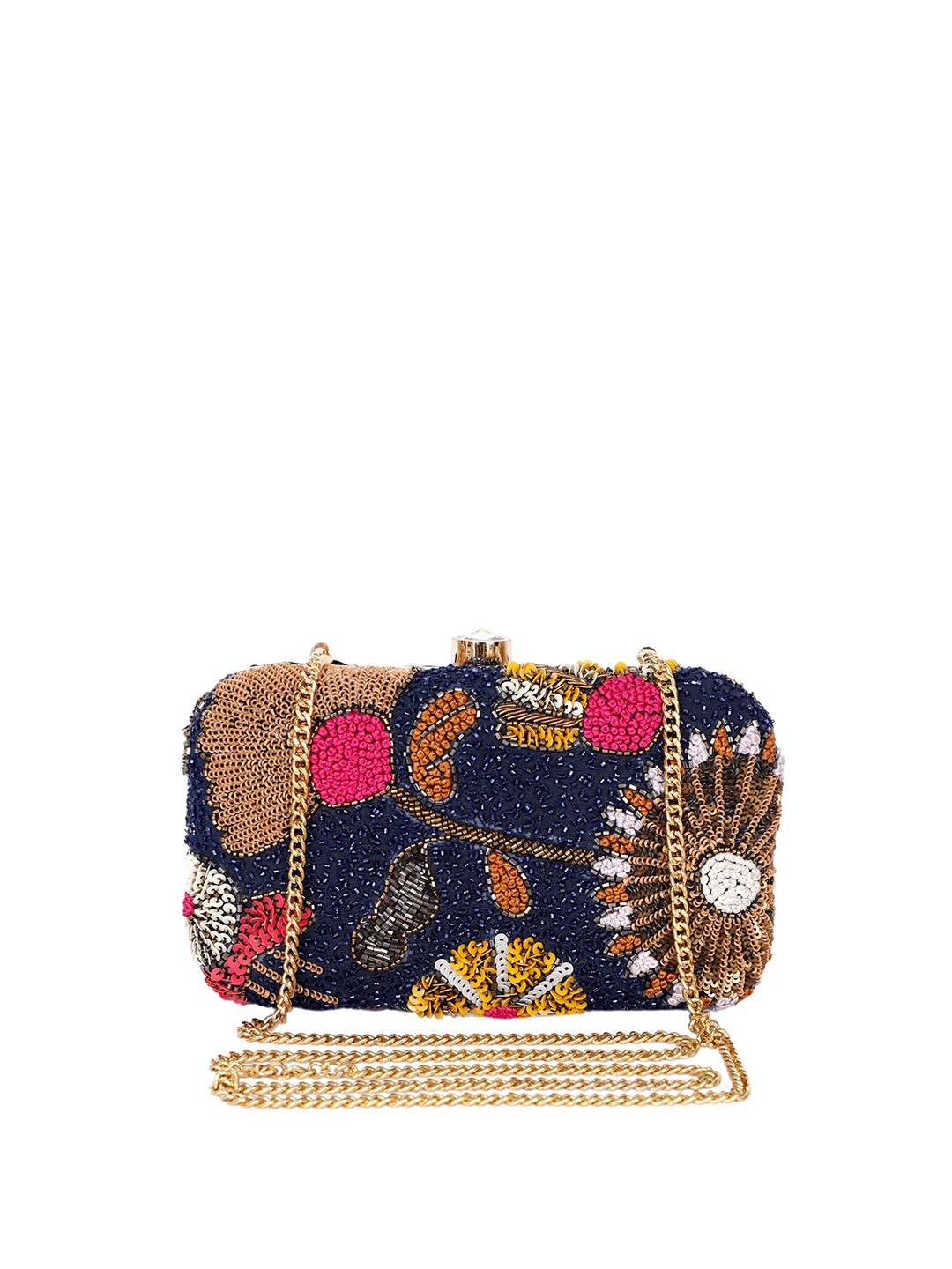 

REZZY Navy Blue & Pink Embellished Box Clutch