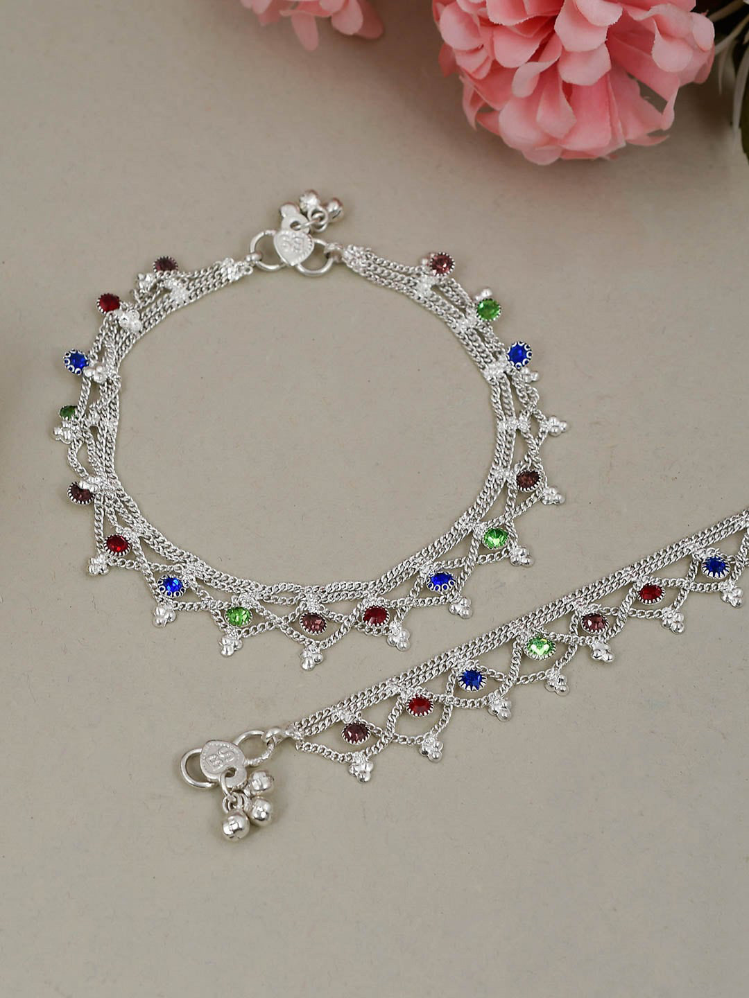 

Silvermerc Designs Set of 2 Silver-Plated Red & Green Stone-Studded Layered Anklets
