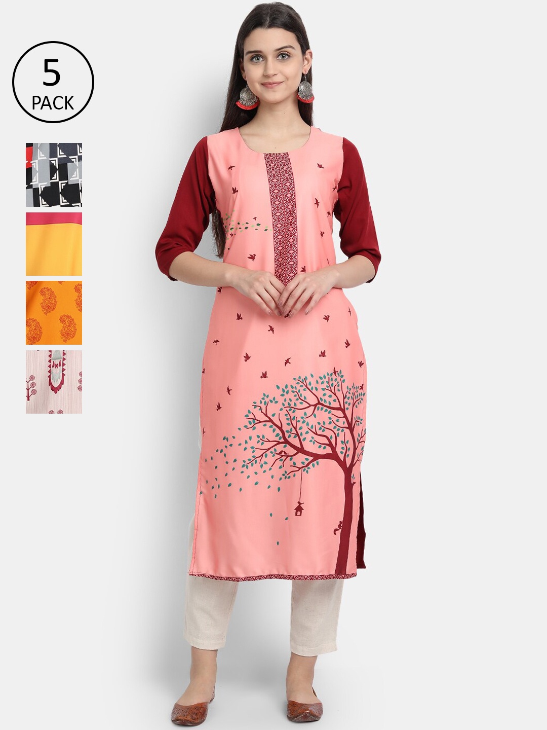 

Ethnic basket Women Pack of 5 Ethnic Motifs Printed Crepe Kurta, Multi