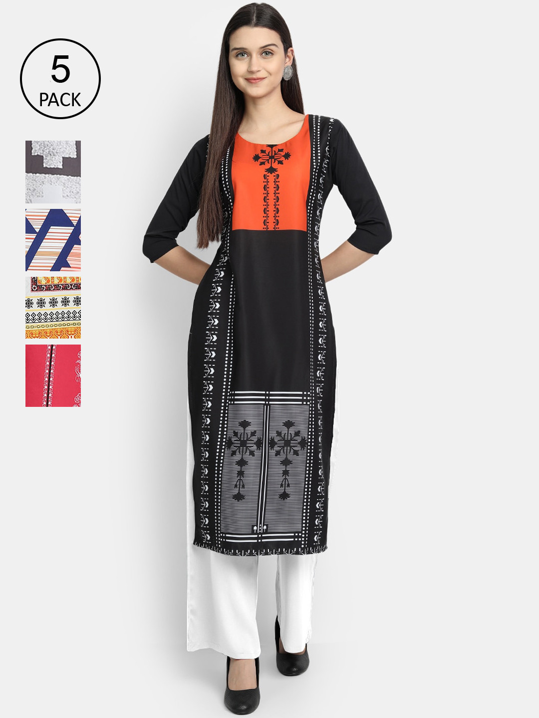

Ethnic basket Women Pack of 5 Geometric Printed Crepe Kurta, Multi