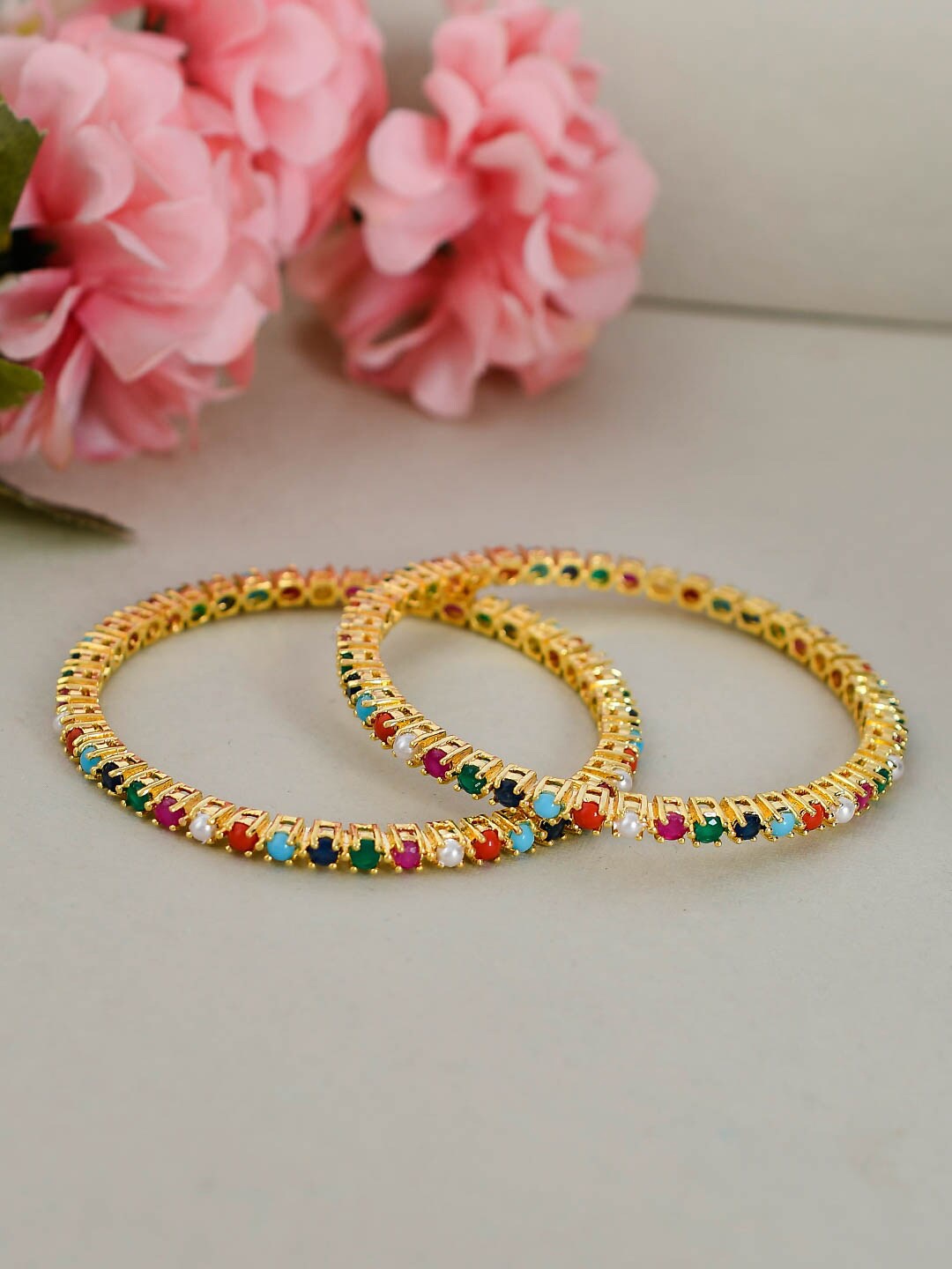 Silvermerc Designs Set Of 2 Gold-Plated Multi-Coloured AD-Studded Handcrafted Bangles