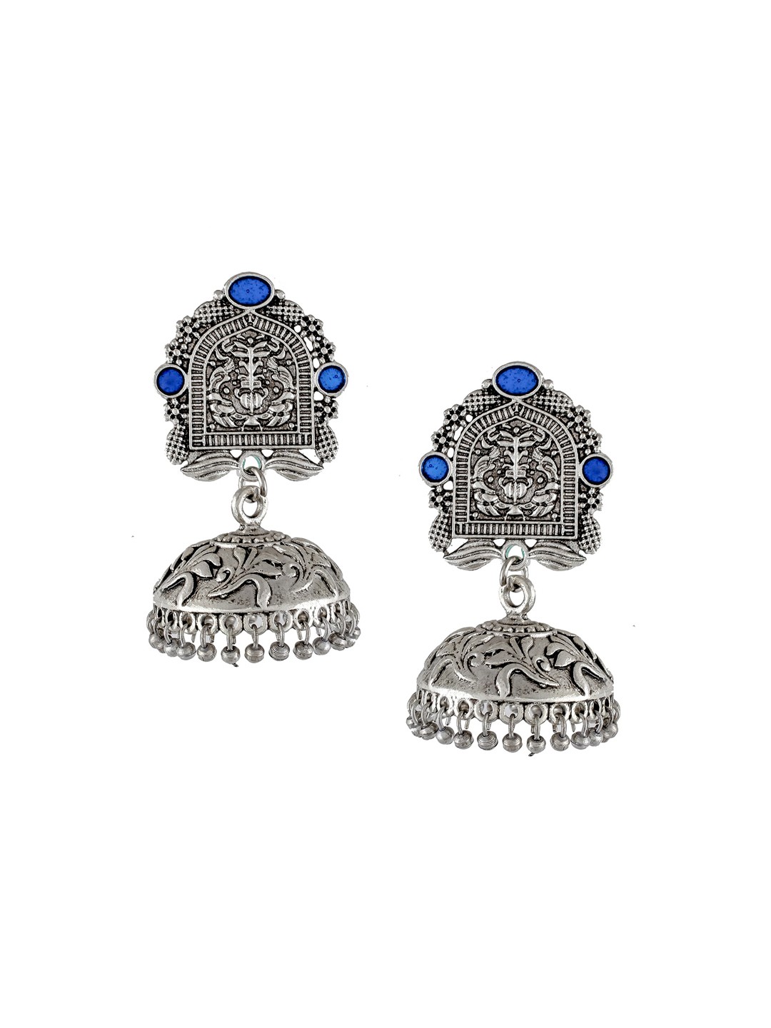 

Silvermerc Designs Oxidised Blue Silver-Plated Dome Shaped Jhumkas