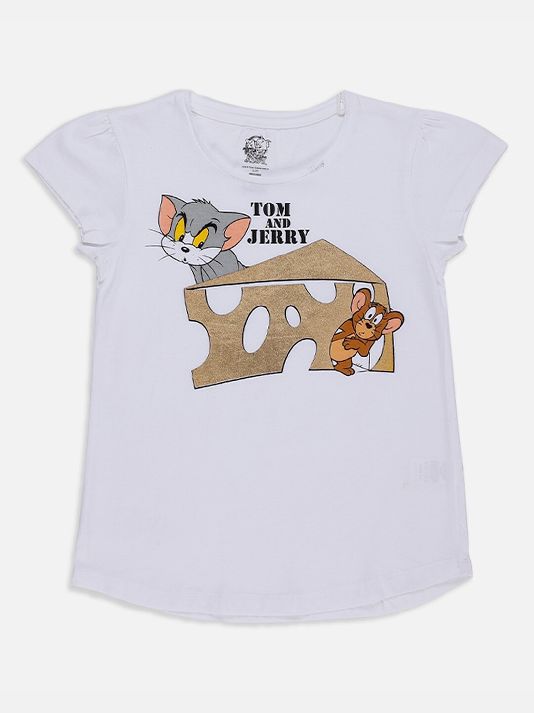 

Kids Ville Tom & Jerry Featured Girls White & Gold Printed Round Neck Cotton T-shirt