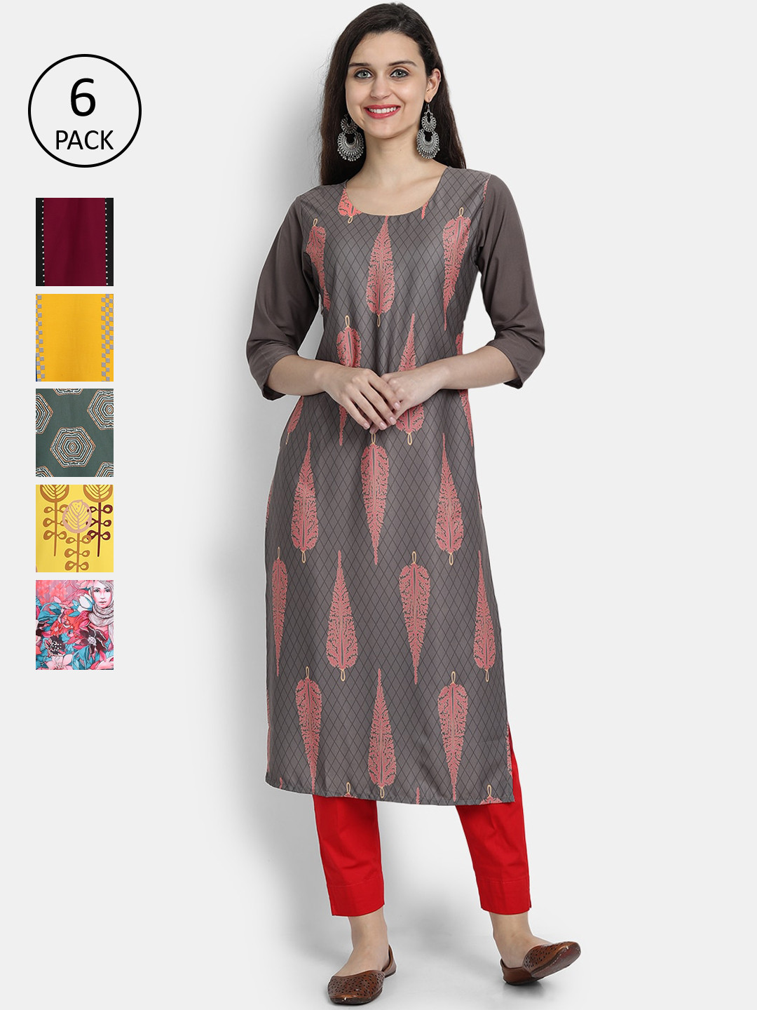 

Ethnic basket Pack of 6 Women Multicoloured Ethnic Motifs Printed Crepe Kurta, Multi