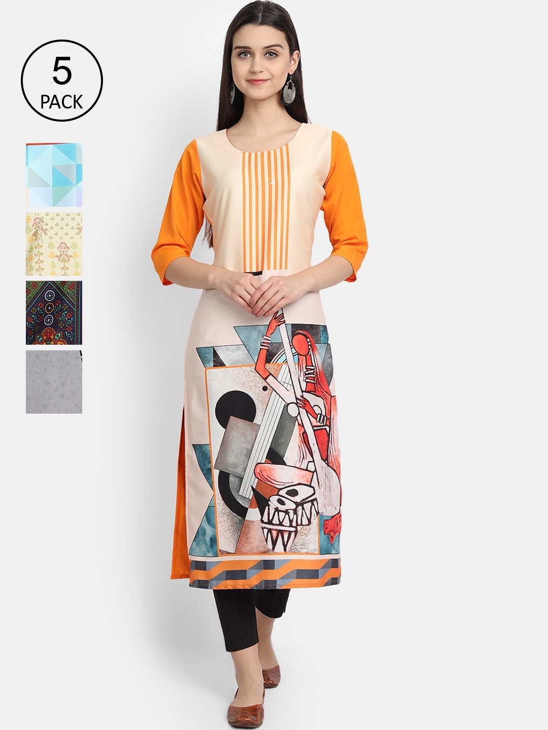 

Ethnic basket Women Pack Of 5 Printed Crepe Kurta, Cream