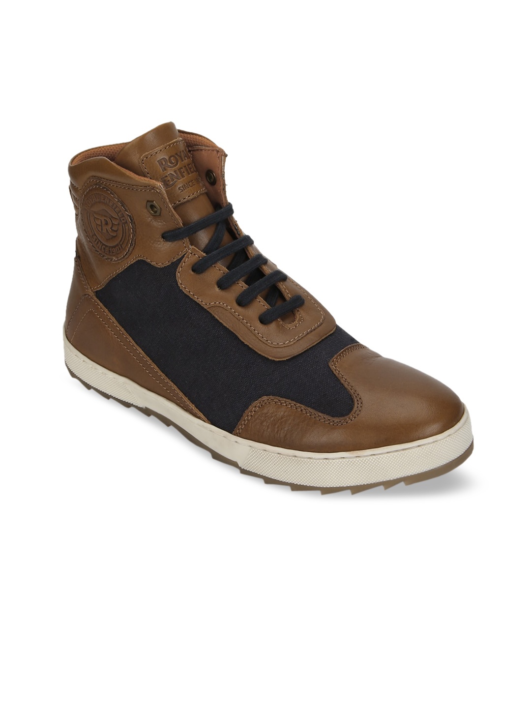 

Royal Enfield Men Tan Brown & Navy Blue Colourblocked Mid-Top Flat Boots
