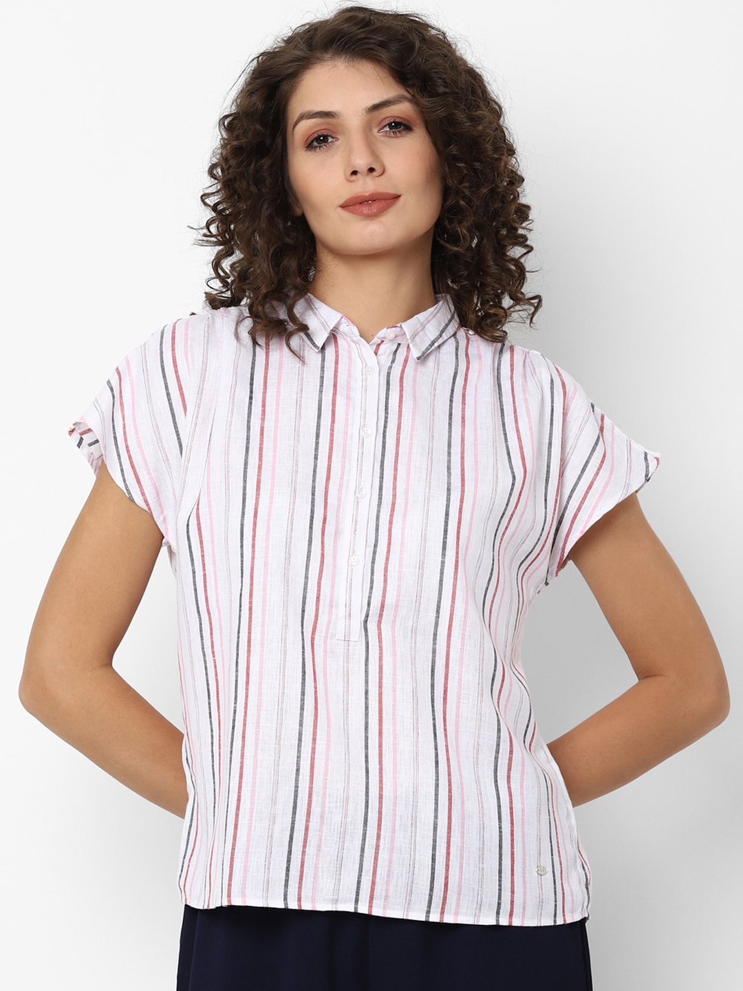 

Allen Solly Woman White & Navy Blue Striped Casual Shirt