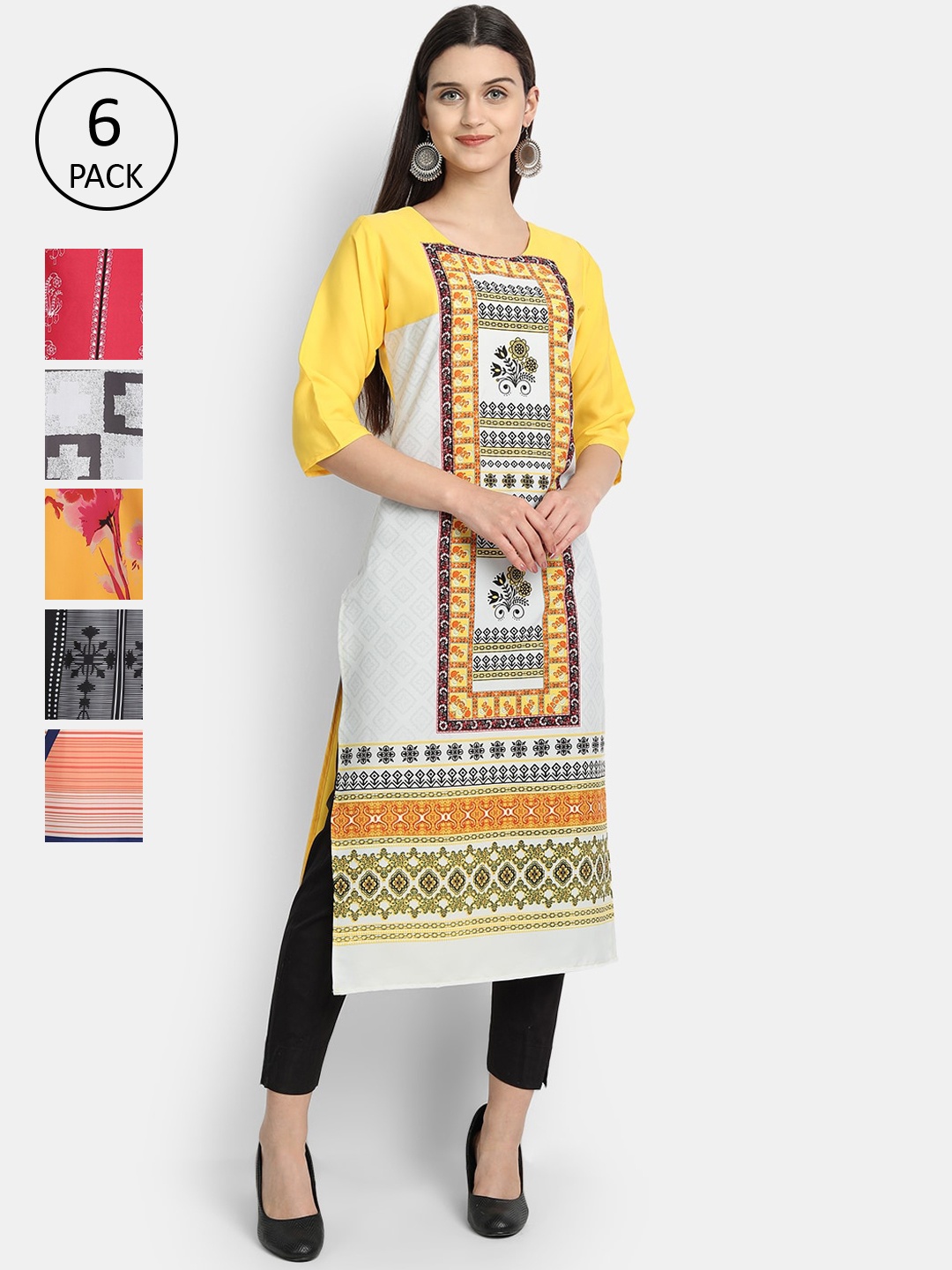 

Ethnic basket Women Set of 6 Multicoloured Ethnic Motifs Printed Crepe Kurta, Multi