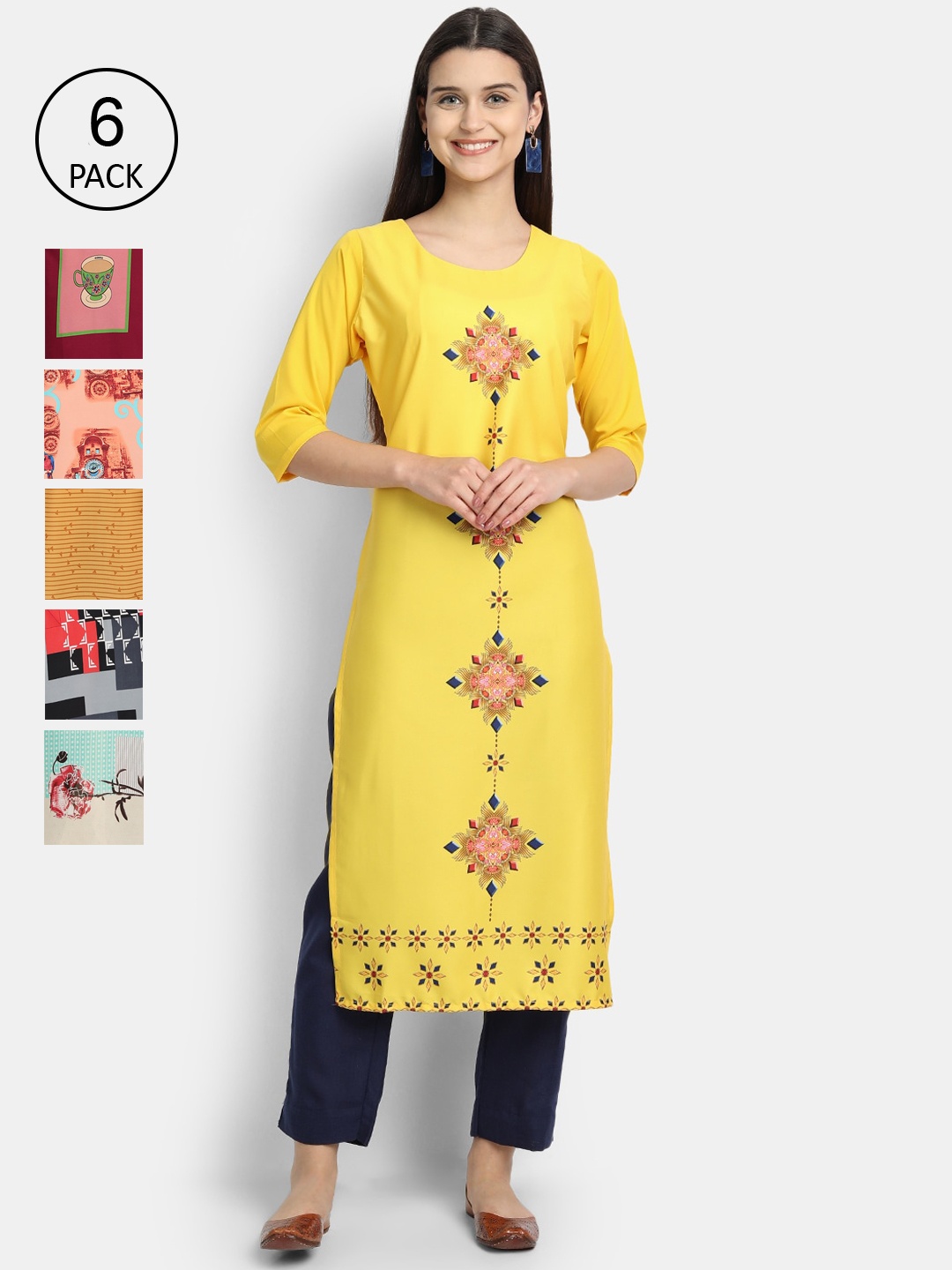

Ethnic basket Pack of 6 Women Multicoloured Printed Crepe Kurta, Multi