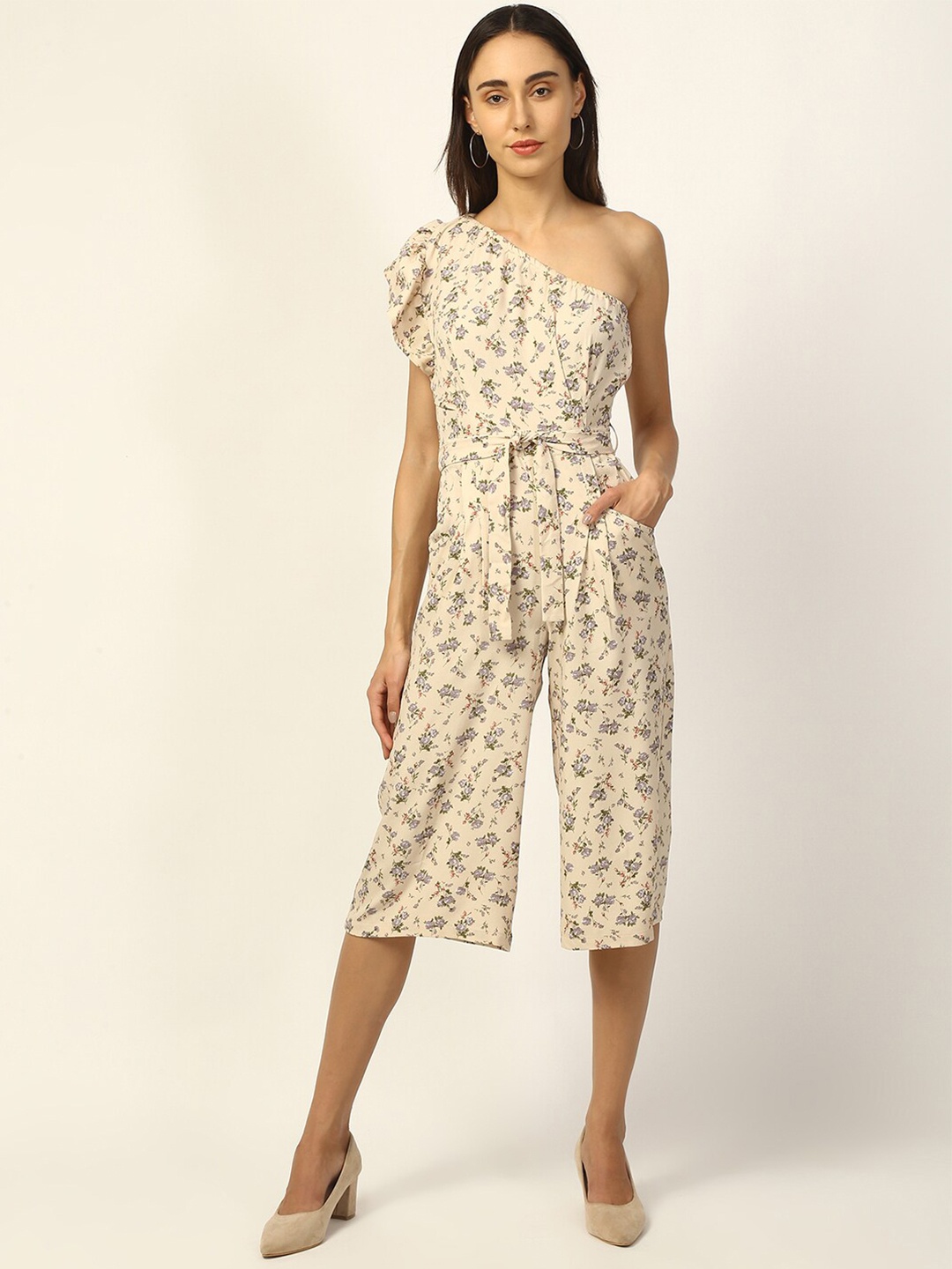 ELLE Women Beige & Taupe Printed Capri Jumpsuit