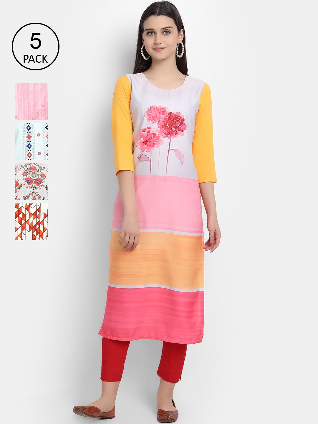 

Ethnic basket Pack of 5 Women Multicoloured Ethnic Motifs Printed Crepe Kurta, Multi