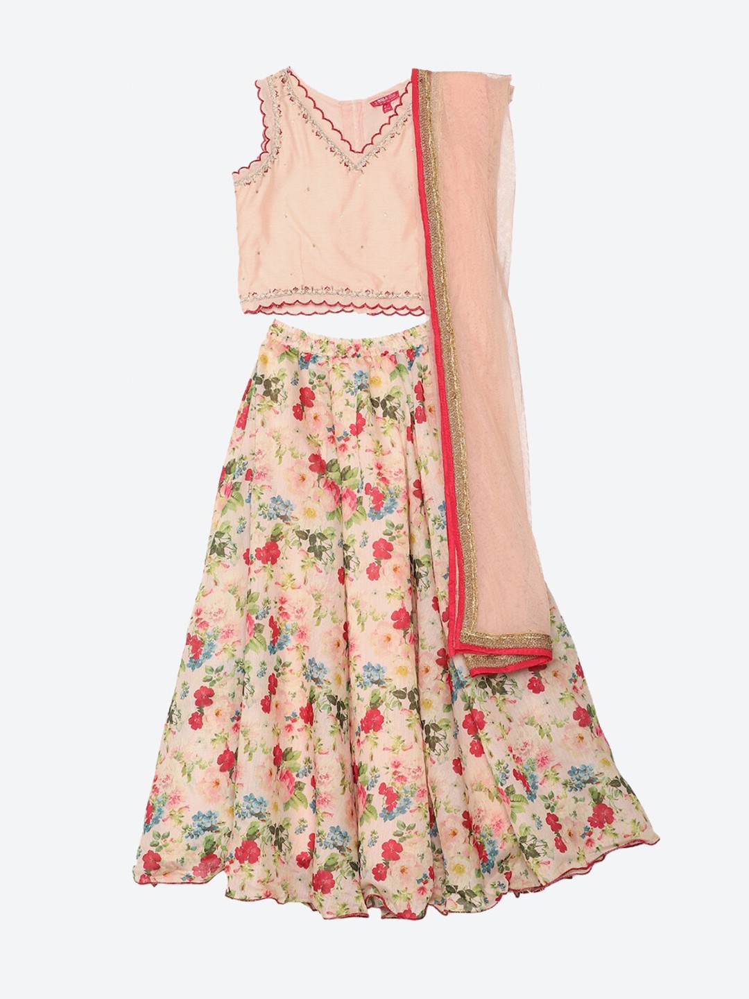 

Biba Girls Pink & Red Embroidered Ready to Wear Lehenga & Blouse with Dupatta