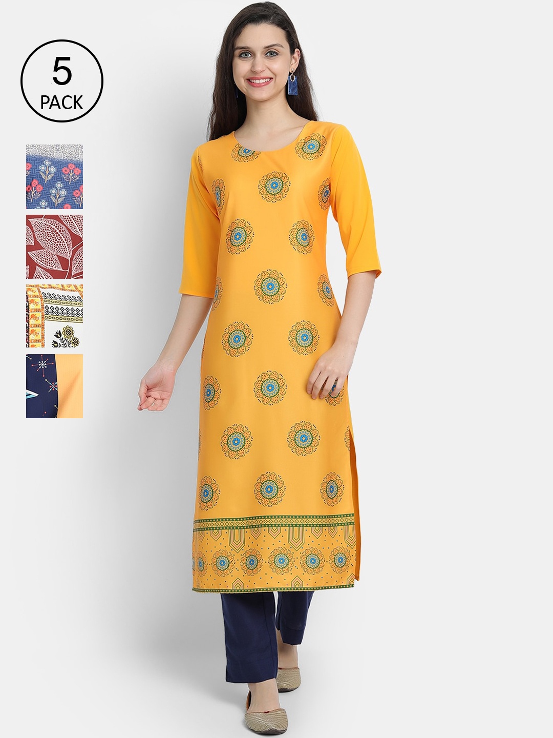 

Ethnic basket Women Set of 5 Multicoloured Ethnic Motifs Printed Crepe Kurta, Multi